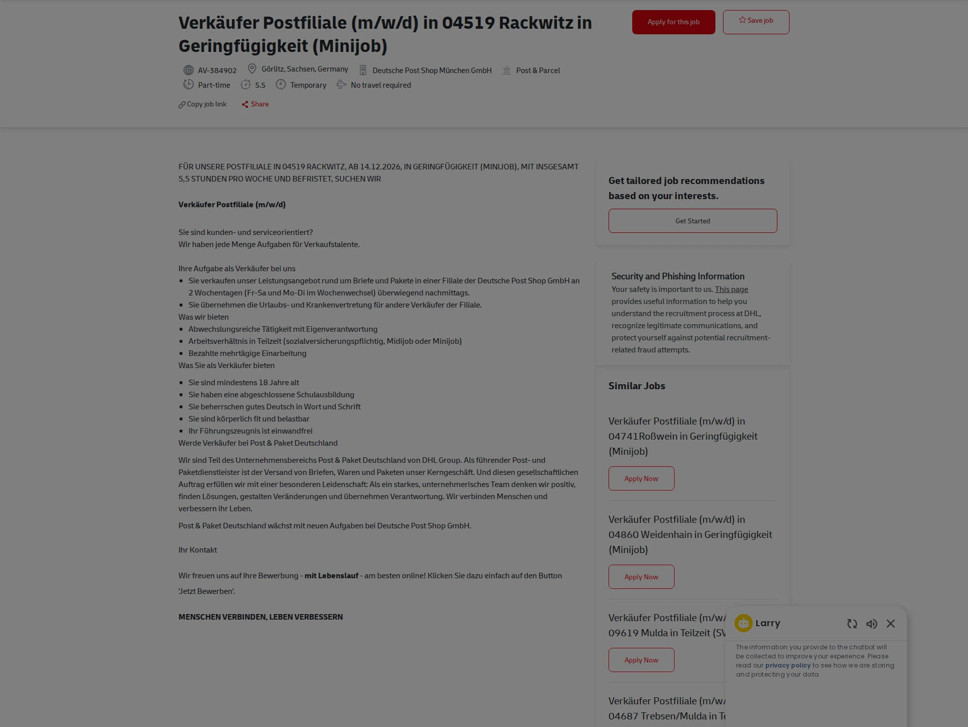 DHL Verkäufer Postfiliale (m/w/d) in 04519 Rackwitz in Geringfügigkeit (Minijob) 채용공고