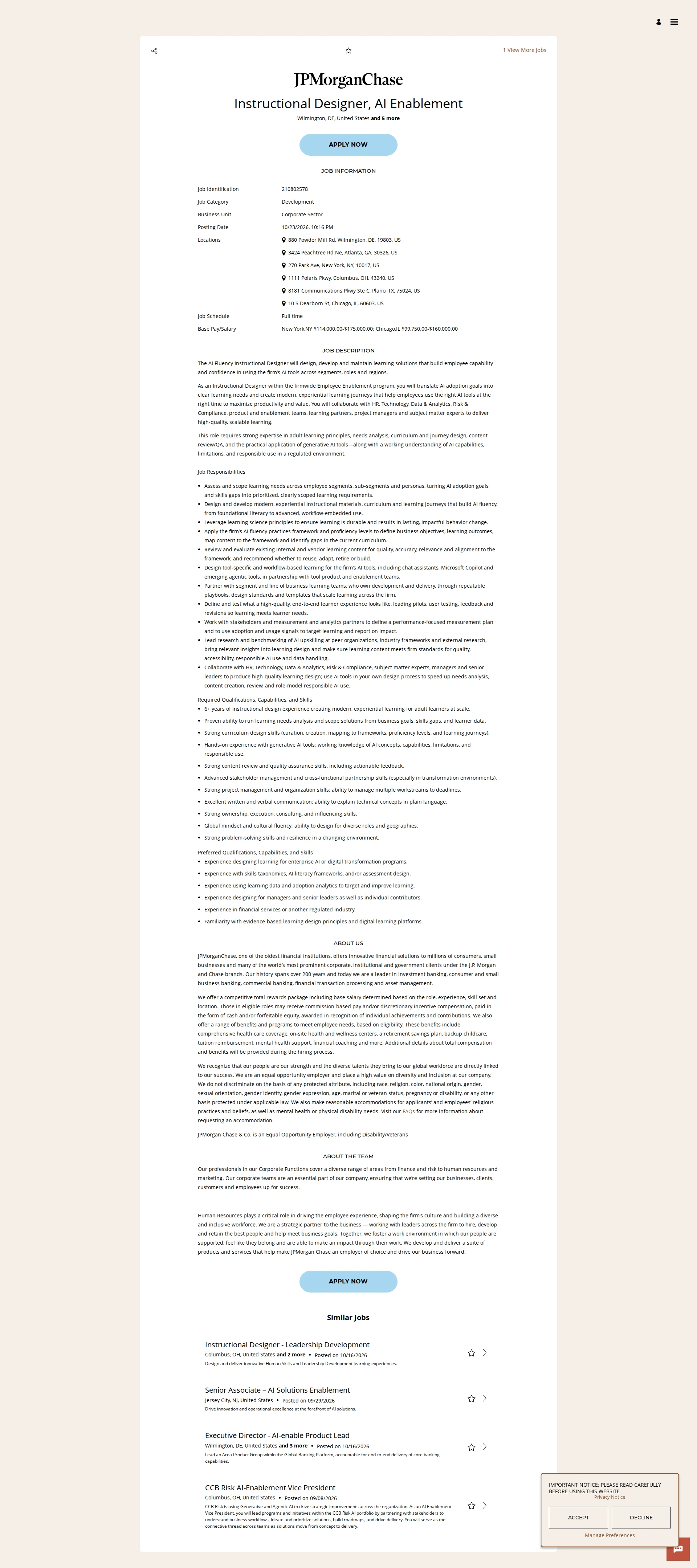 JPMorganChase Instructional Designer, AI Enablement 채용공고