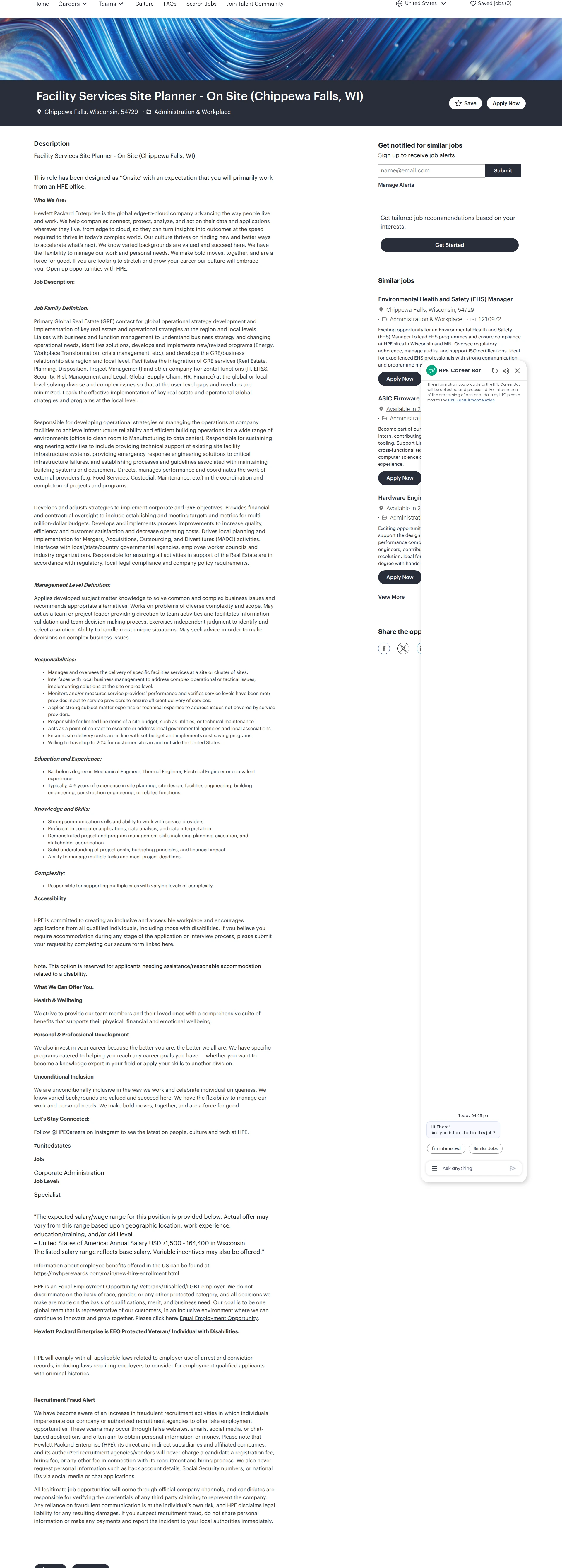 HP Facility Services Site Planner - On Site (Chippewa Falls, WI) 채용공고