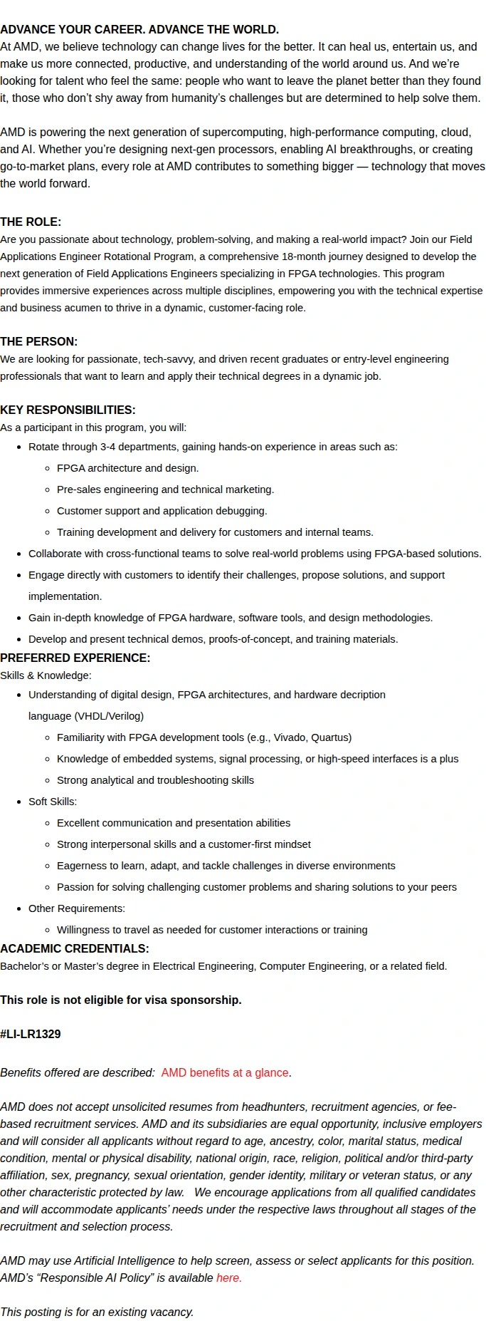 AMD Field Application Engineer – Graduate Rotational Program 채용공고