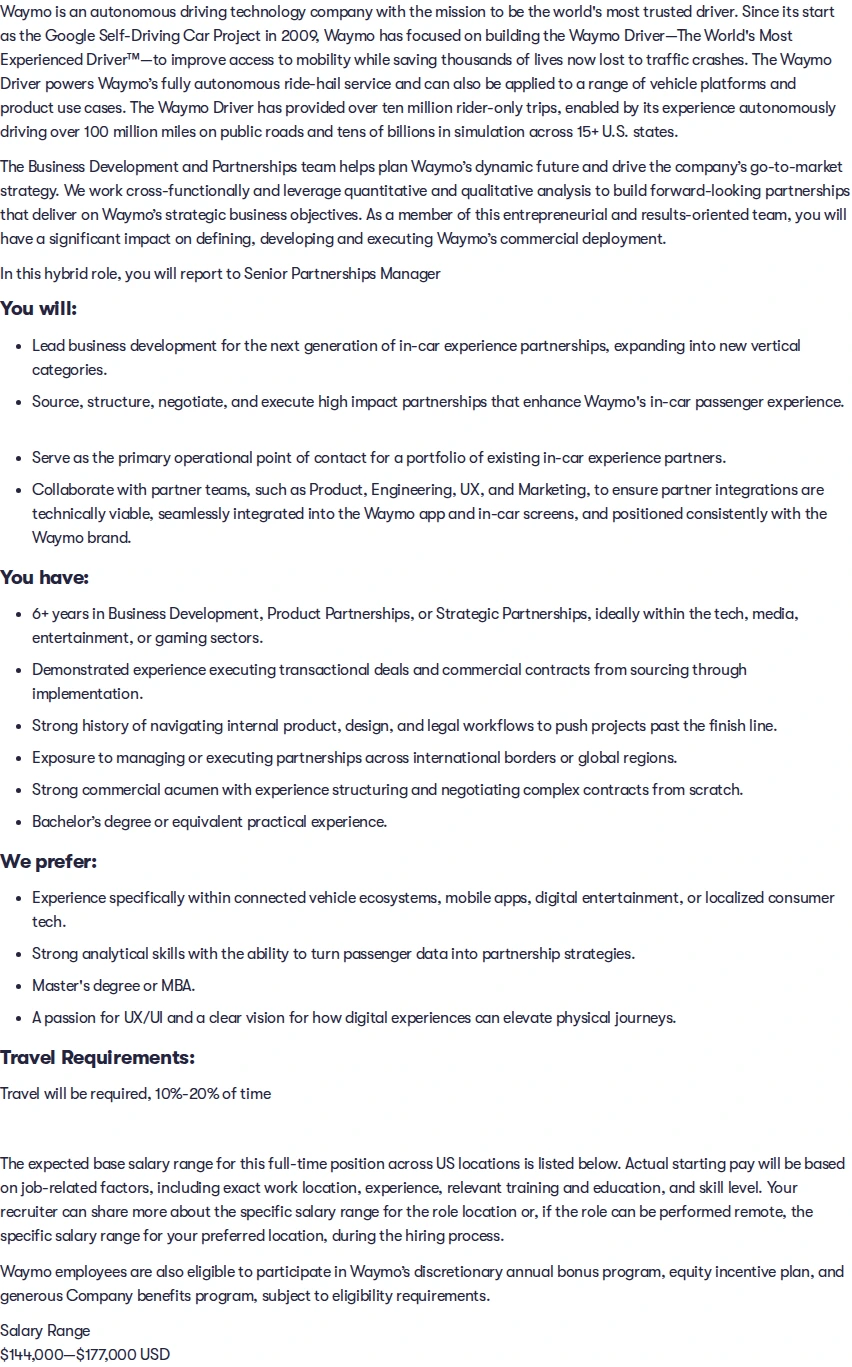 웨이모 Product Partnerships Development Manager- In car experience 채용공고