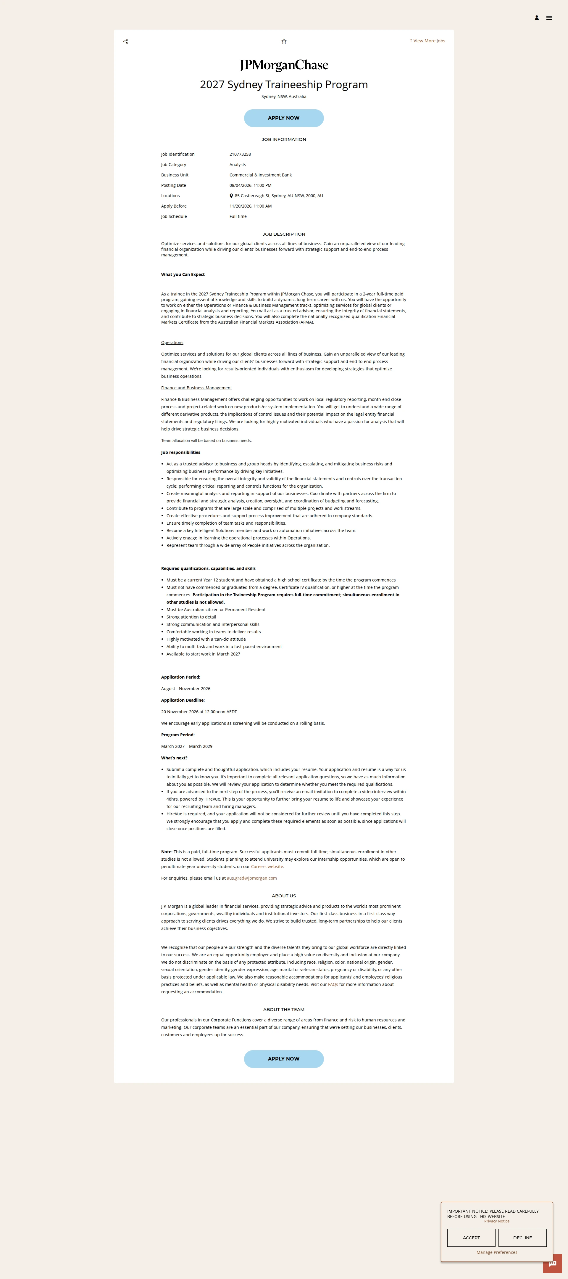 JPMorganChase 2027 Sydney Traineeship Program 채용공고