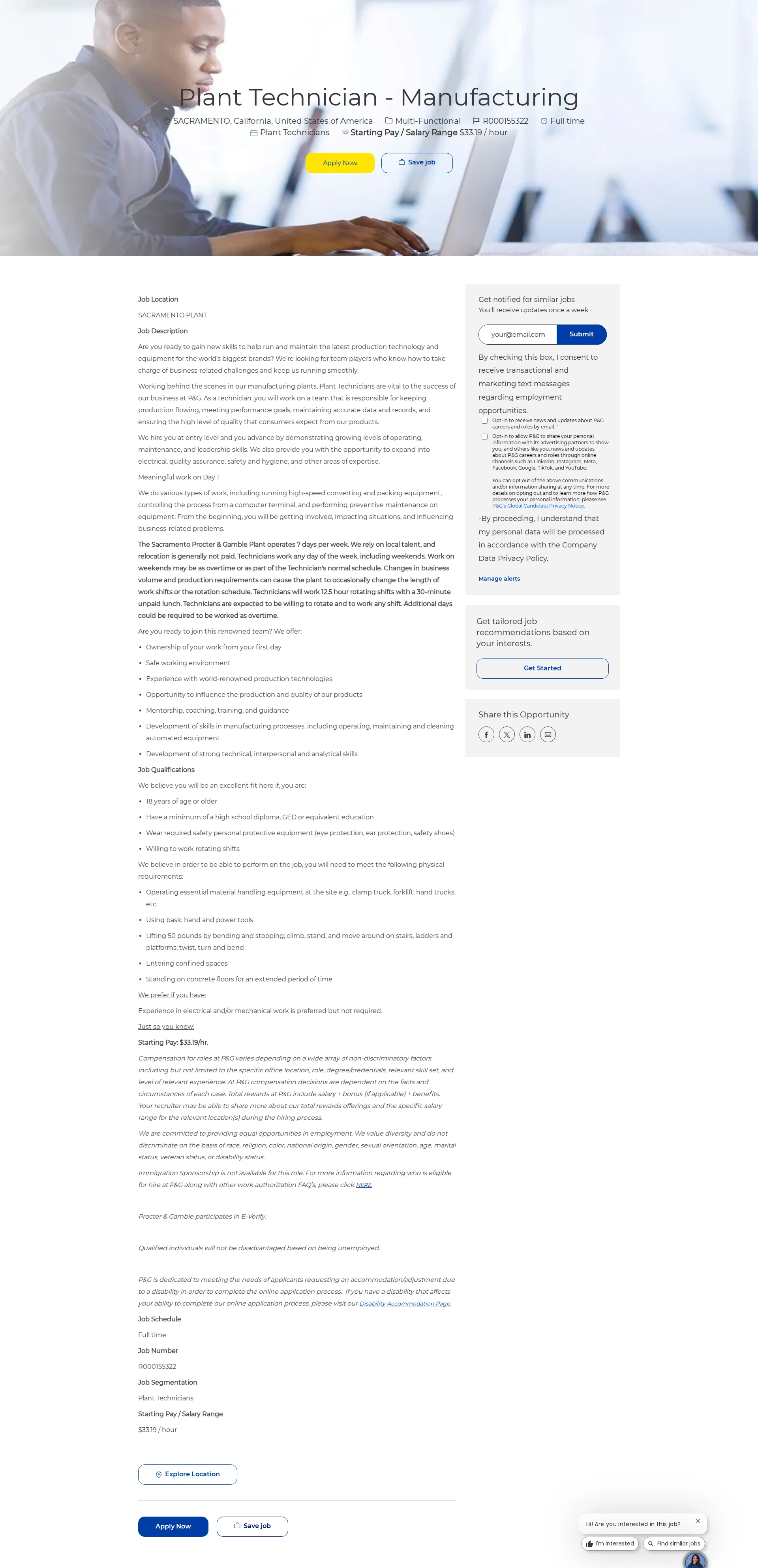 P&G Plant Technician - Manufacturing 채용공고
