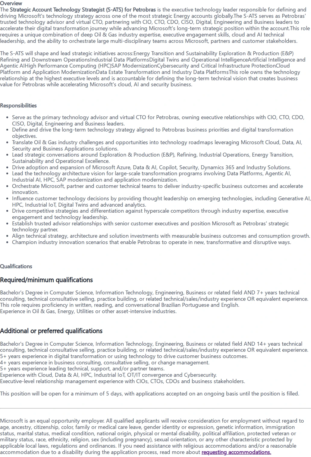 마이크로소프트(Microsoft) Strategic Account Technology Strategist - Petrobras 채용공고