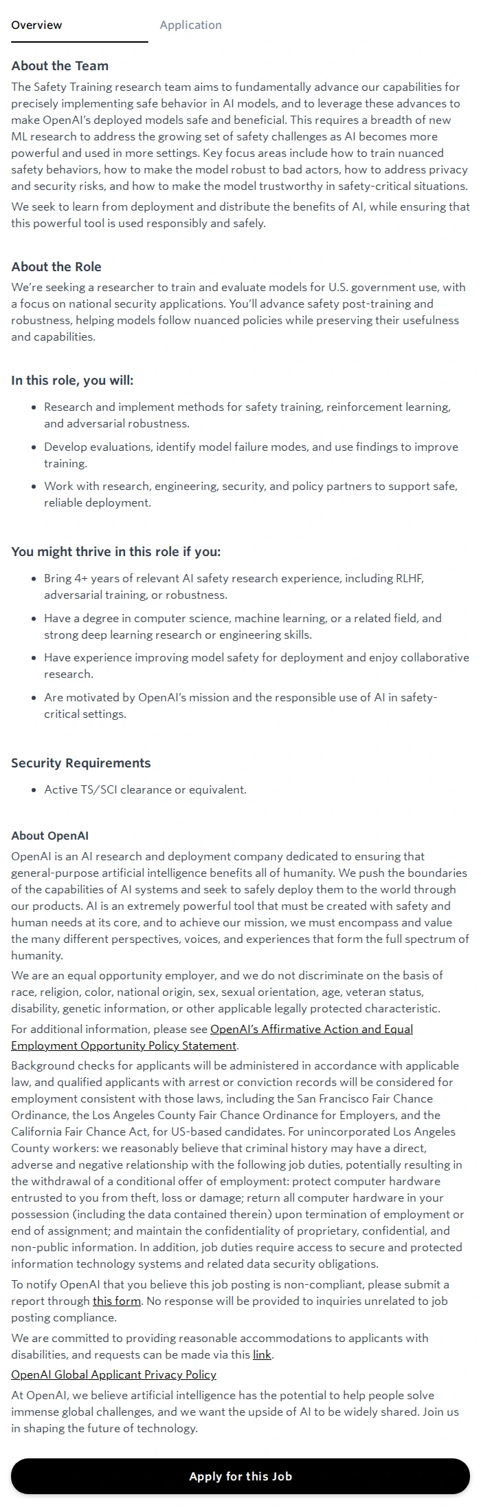 오픈에이아이(OpenAI) Researcher, Safety Training, National Security 채용공고