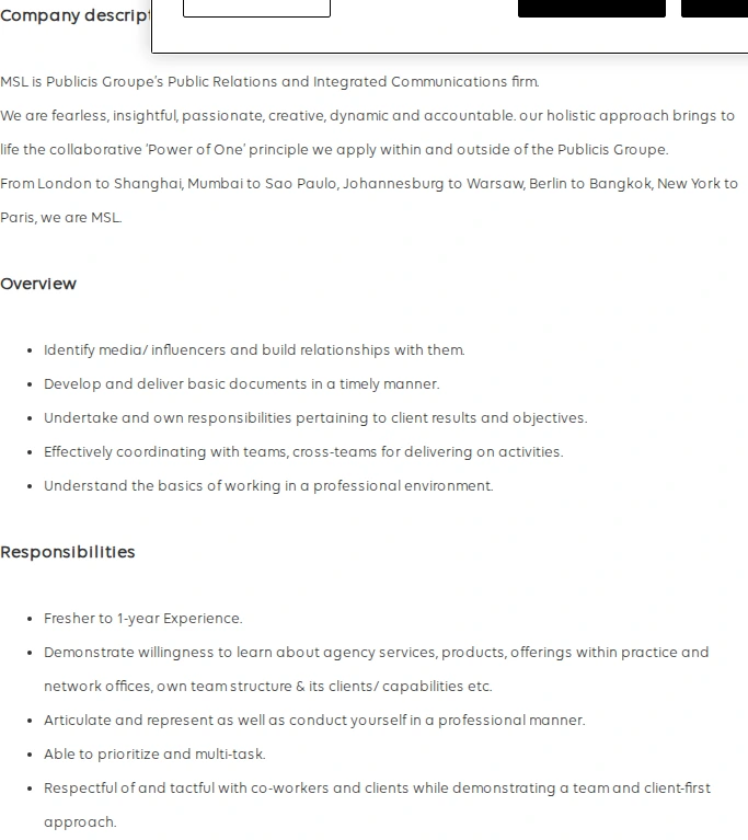Publicis Groupe PG India - Associate - Account Management 채용공고
