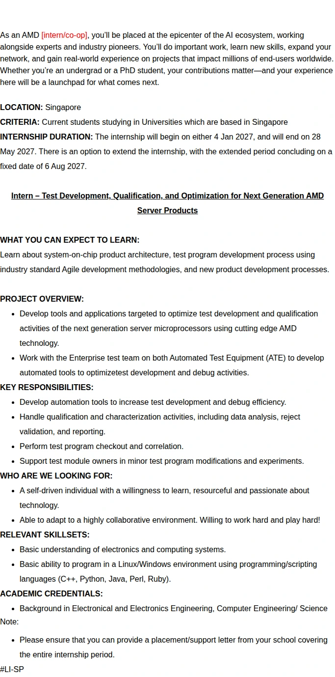 AMD Test Development, Qualification, and Optimization for Next Generation AMD Server Products Intern 채용공고
