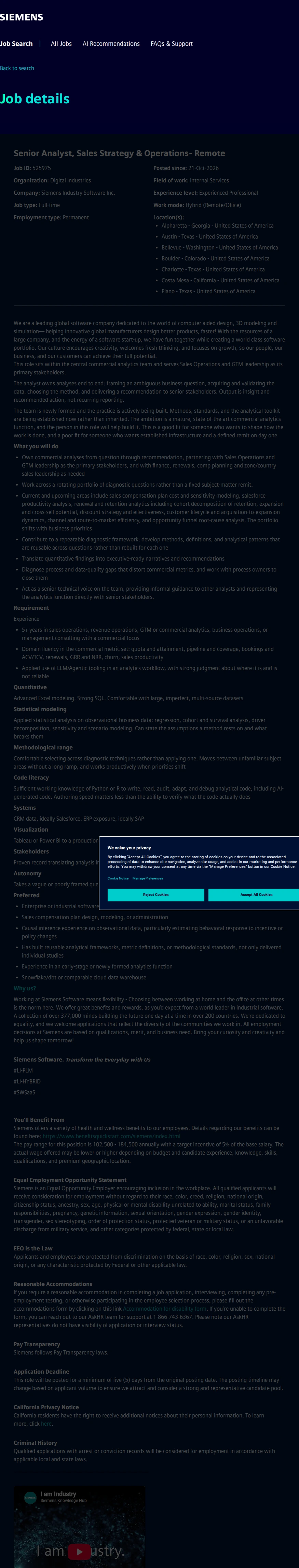 지멘스 Senior Analyst, Sales Strategy & Operations- Remote 채용공고
