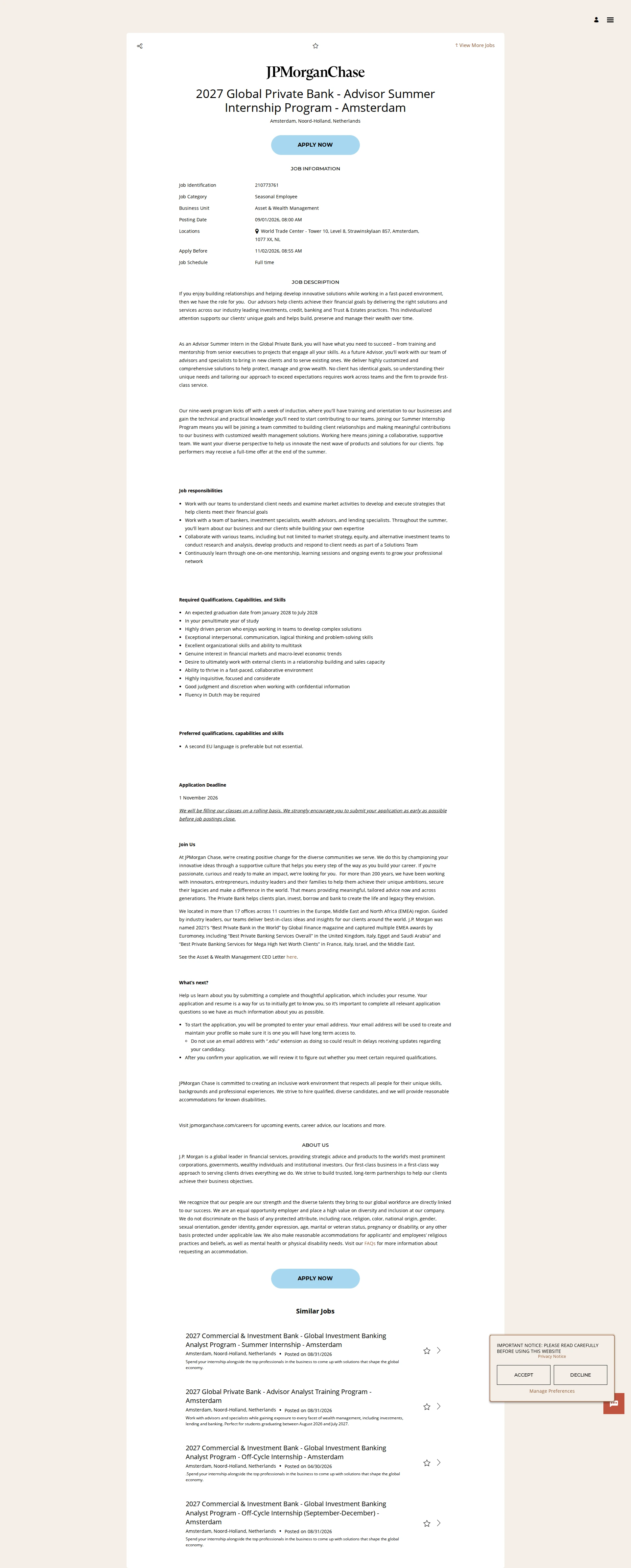 JPMorganChase 2027 Global Private Bank - Advisor Summer Internship Program - Amsterdam 채용공고