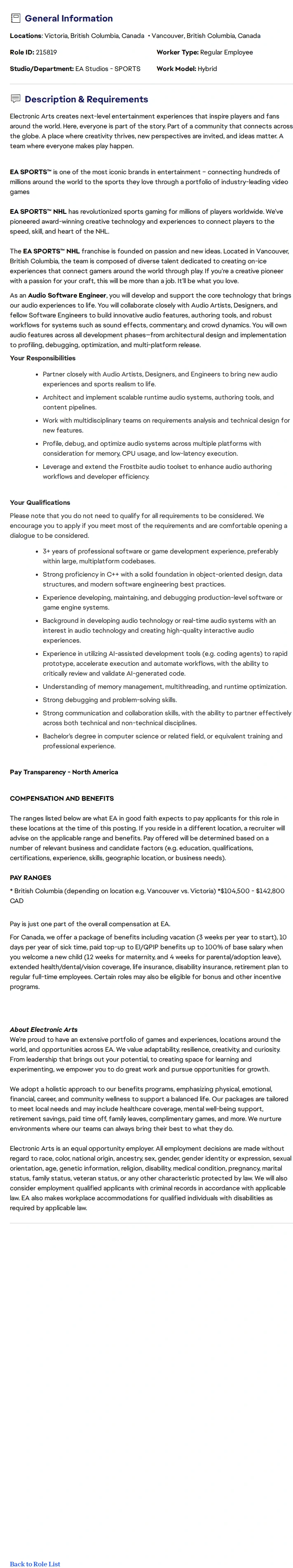 ElectronicArts Audio Software Engineer - EA SPORTS™ NHL 채용공고