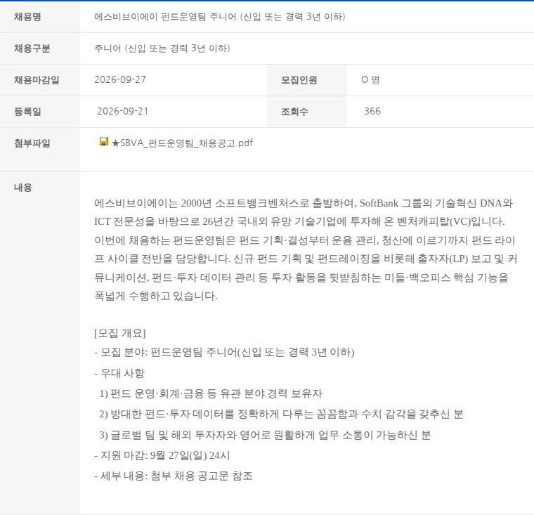 한국벤처캐피탈협회 에스비브이에이 펀드운영팀 주니어 (신입 또는 경력 3년 이하) 채용공고