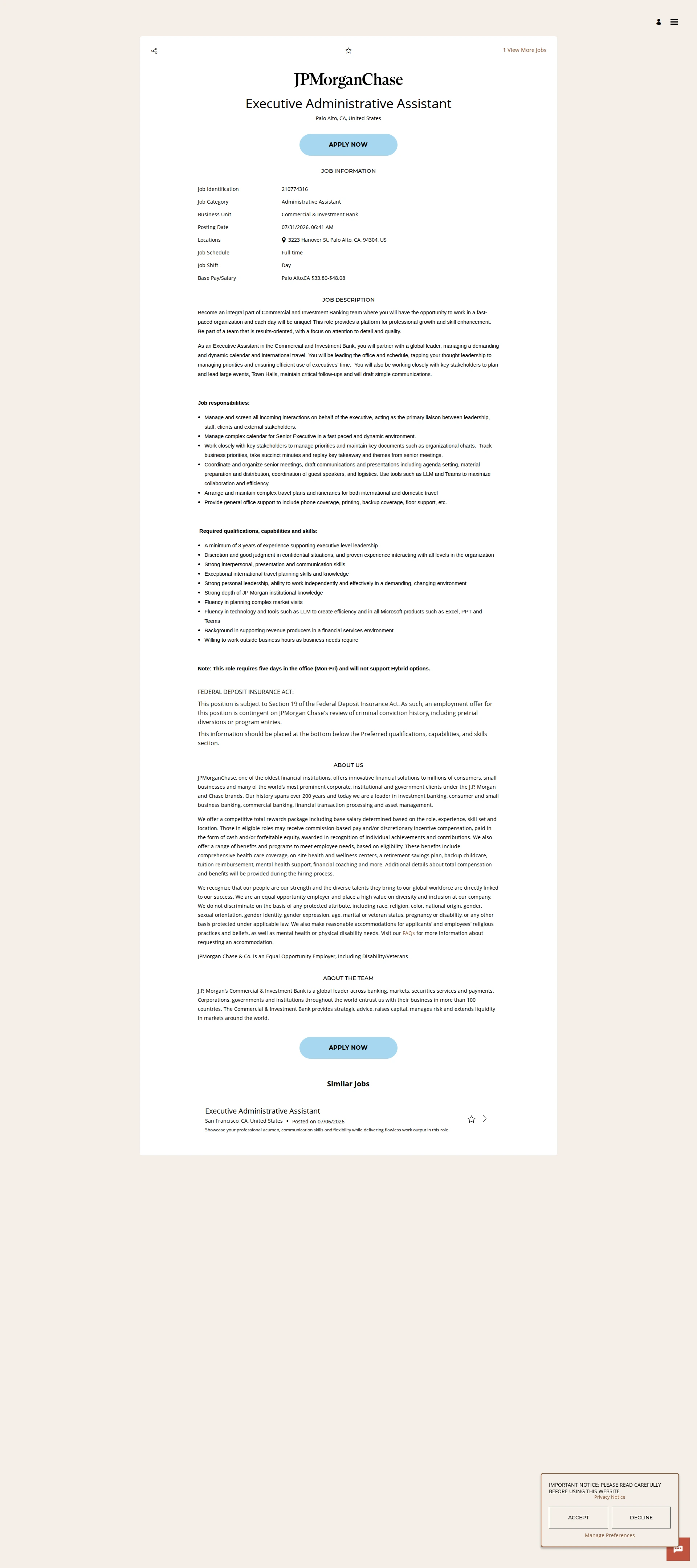 JPMorganChase Executive Administrative Assistant 채용공고