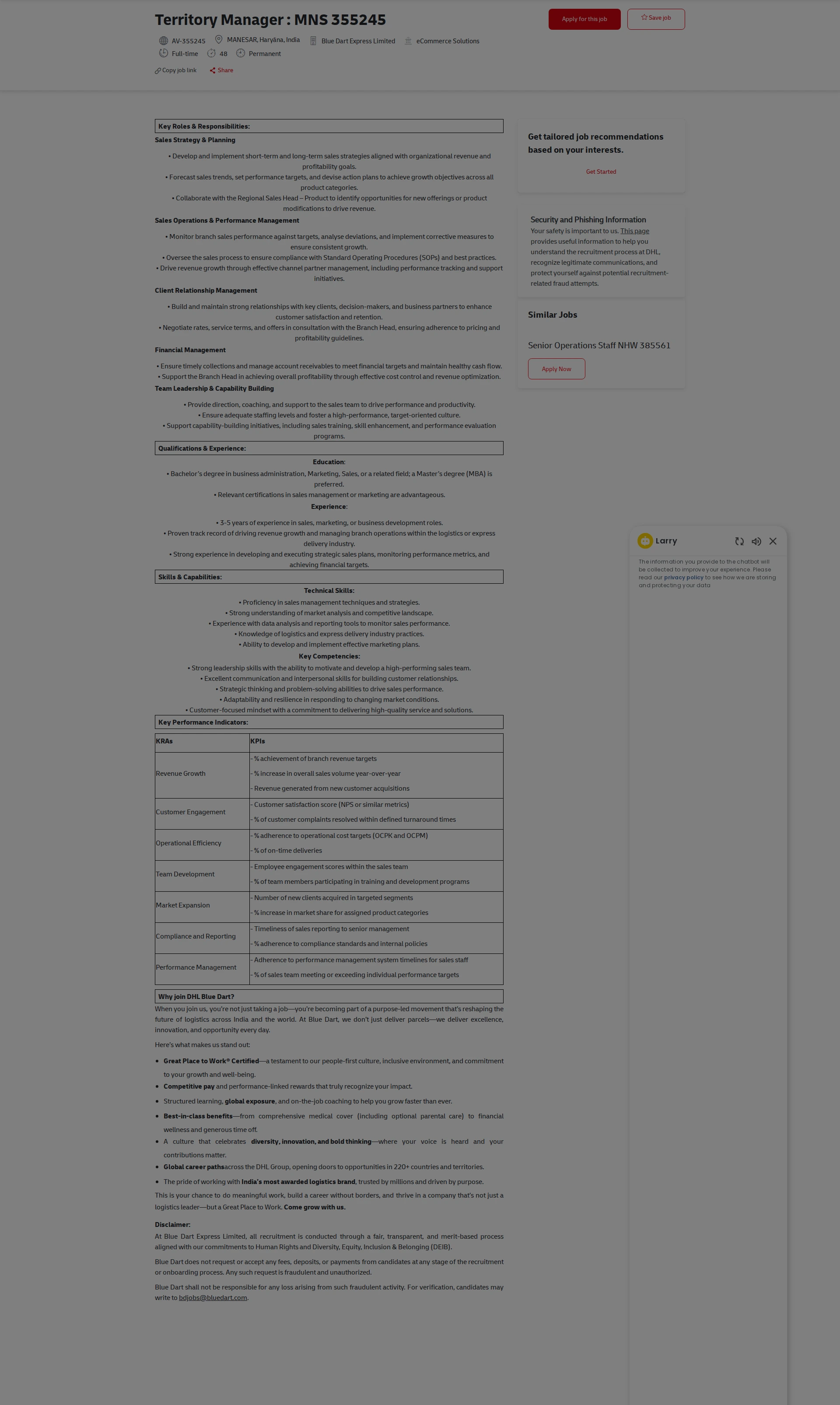 DHL Territory Manager : MNS 355245 채용공고