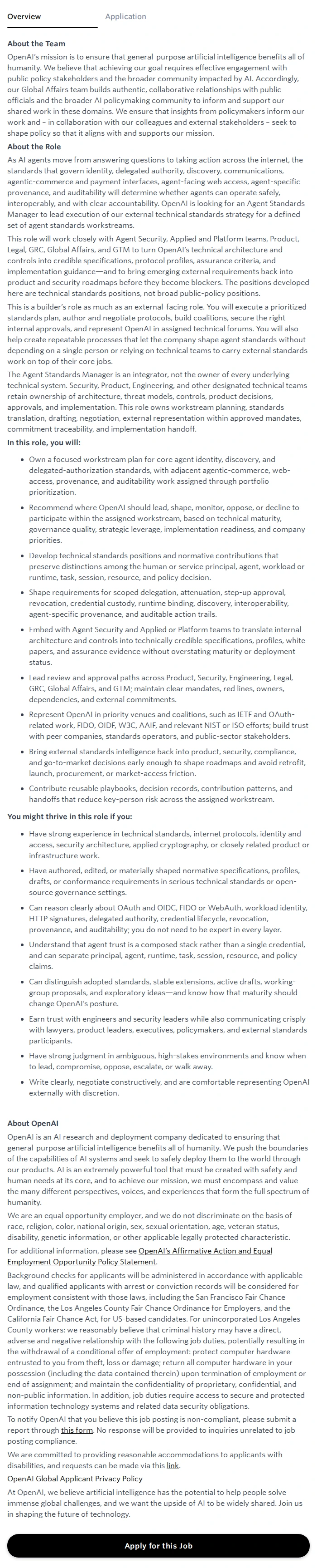 오픈에이아이(OpenAI) Agent Standards Specialist, Global Affairs 채용공고
