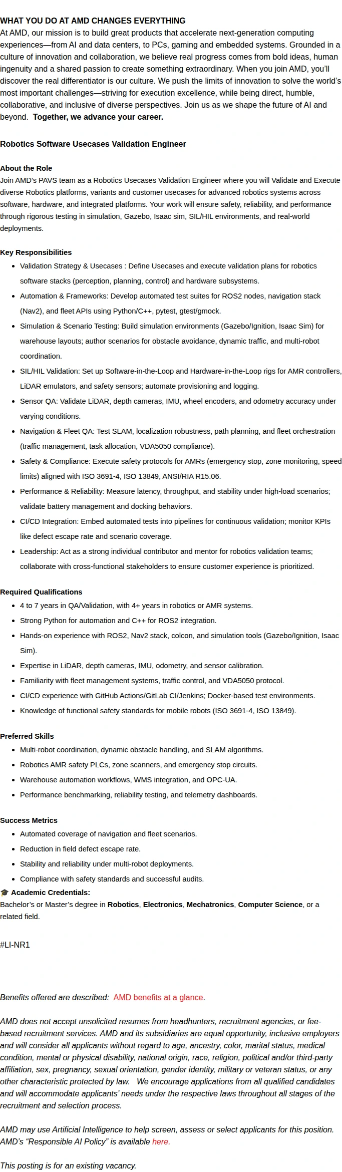 AMD Senior Robotics Software Usecases Validation Engineer 채용공고