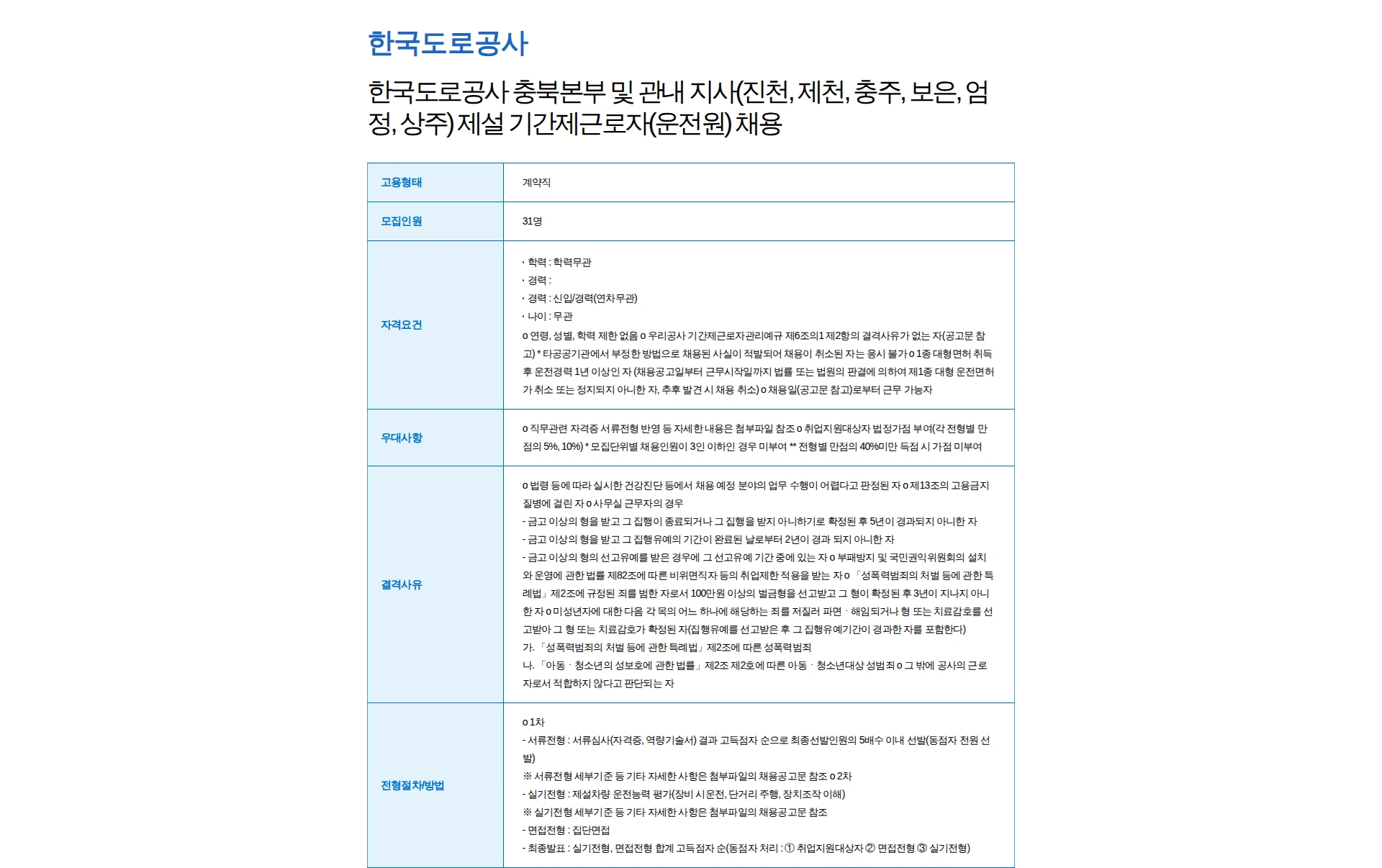 한국도로공사 한국도로공사 충북본부 및 관내 지사(진천, 제천, 충주, 보은, 엄정, 상주) 제설 기간제근로자(운전원) 채용 채용공고