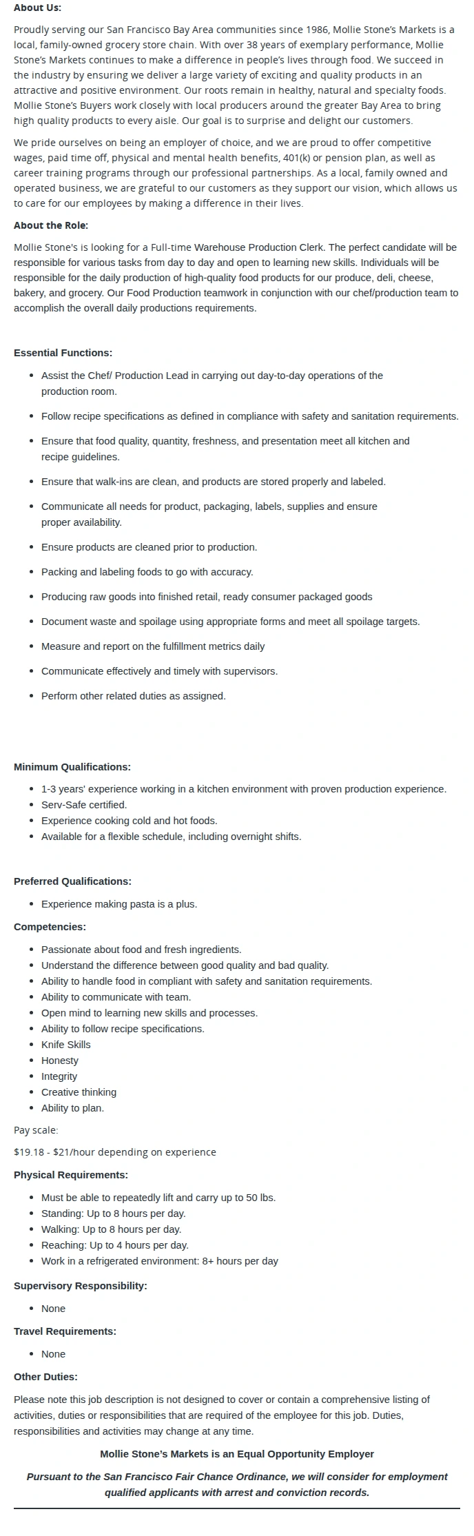 Mollie Stone's Markets Food Production Clerk (SF Bay Area Applicants Only) 채용공고