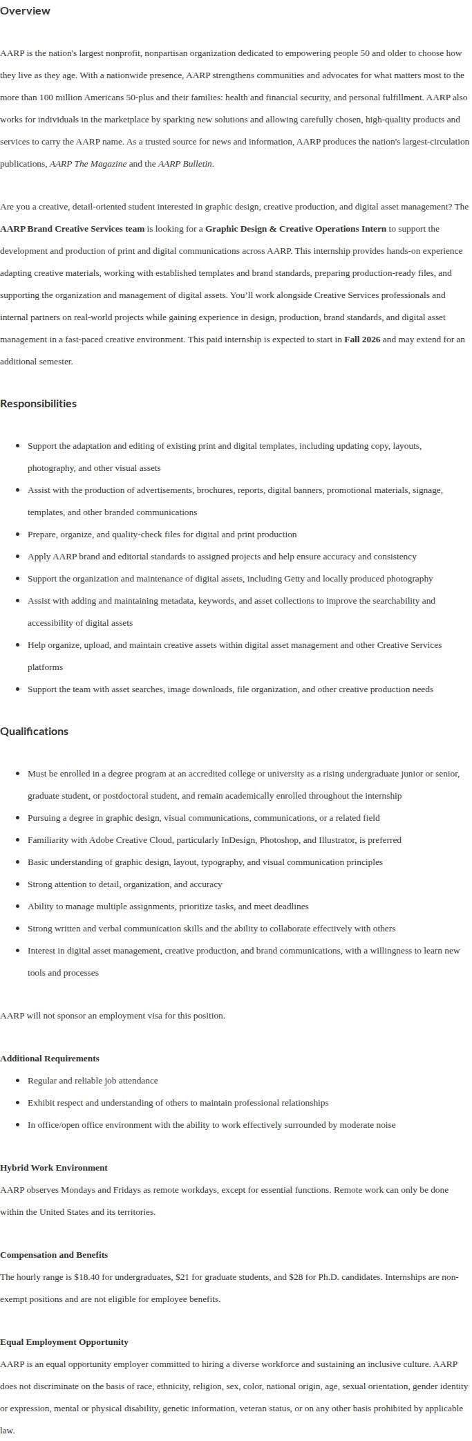 AARP Graphic Design and Creative Operations Intern 채용공고