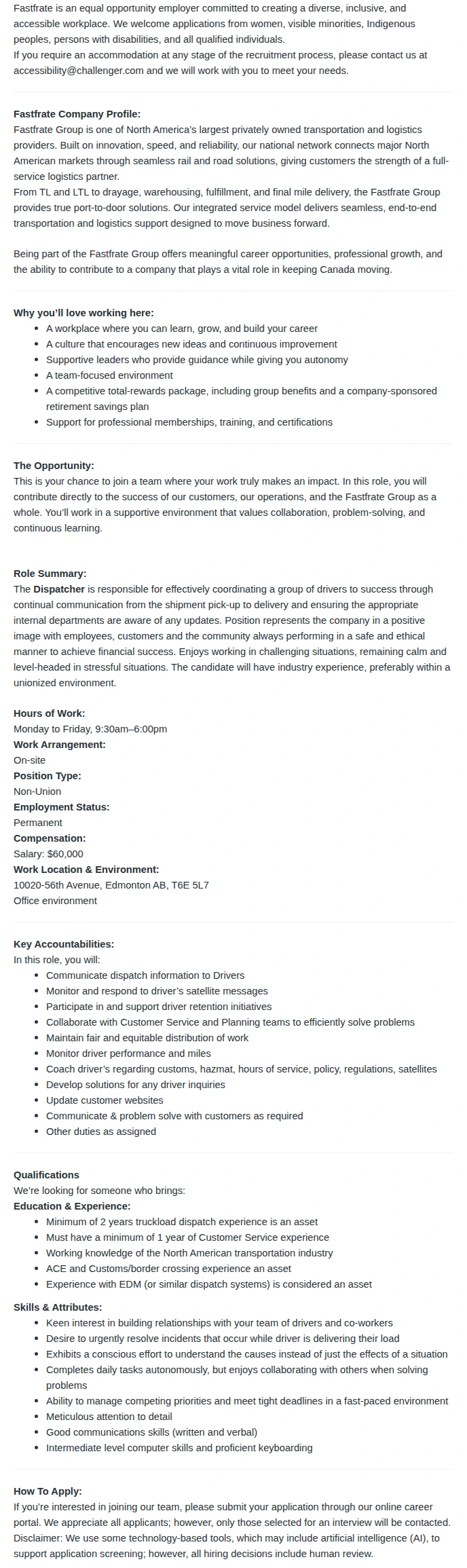 Challenger Motor Freight Inc. Dispatcher - Fastfrate Group (Edmonton) 채용공고