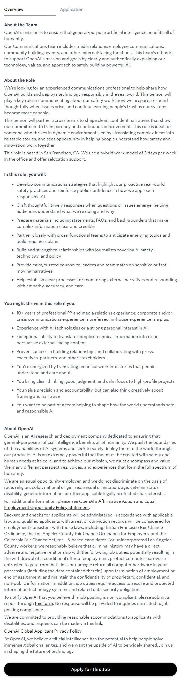 오픈에이아이(OpenAI) Media Relations, Safety Communications 채용공고