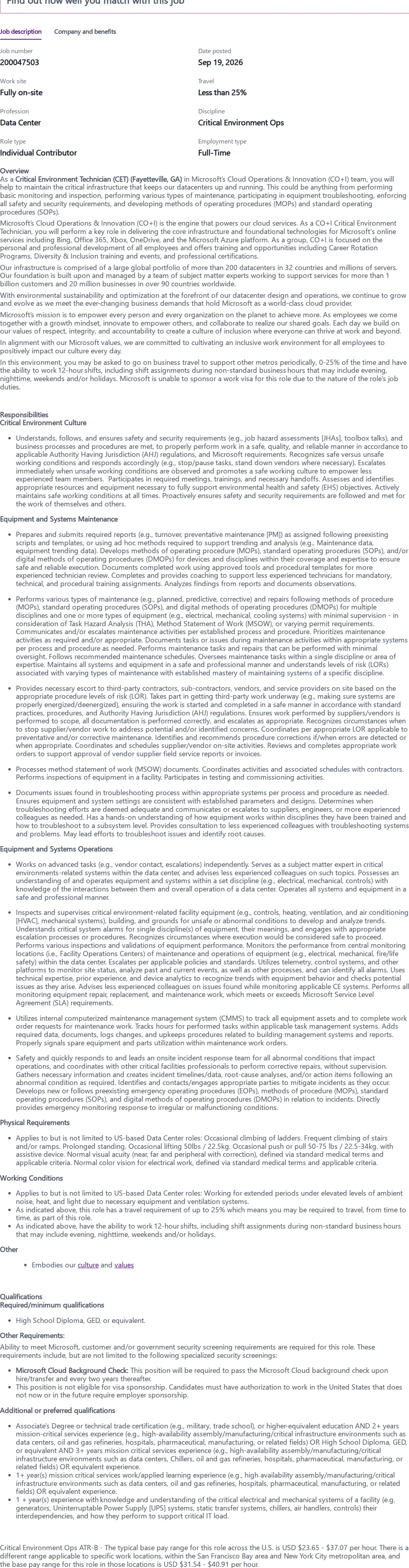 마이크로소프트(Microsoft) Critical Environment Ops Tech 채용공고