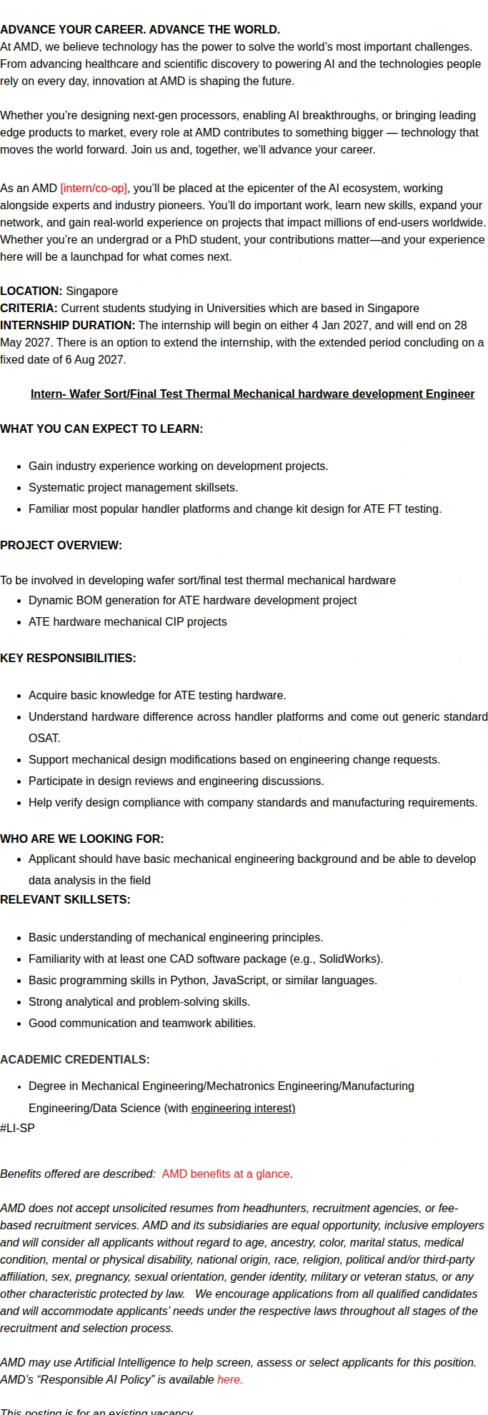 AMD Wafer Sort/Final Test Thermal Mechanical hardware development Engineer Intern 채용공고