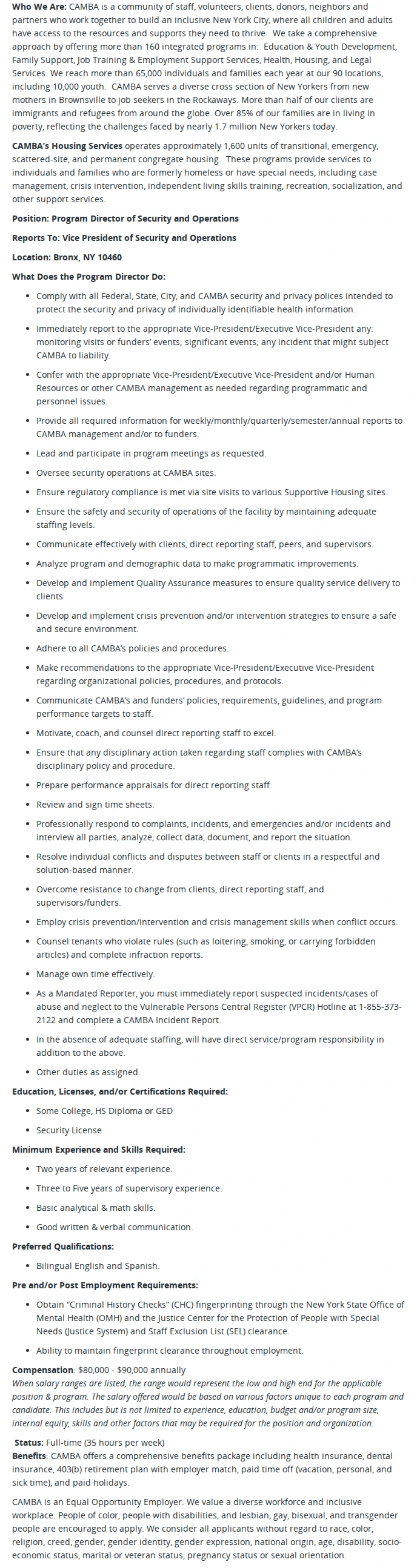 CAMBA Program Director of Security and Operations, Via Vyse 채용공고