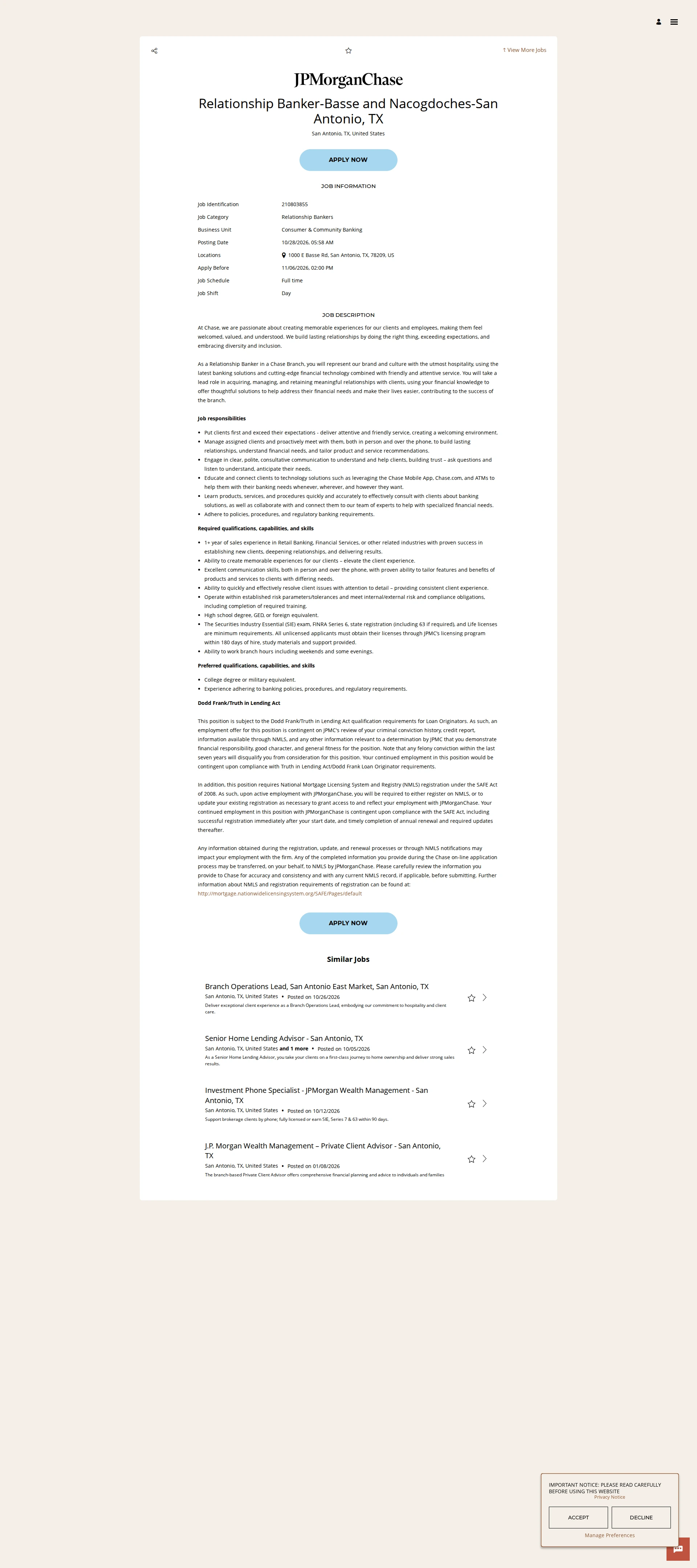JPMorganChase Relationship Banker-Basse and Nacogdoches-San Antonio, TX 채용공고