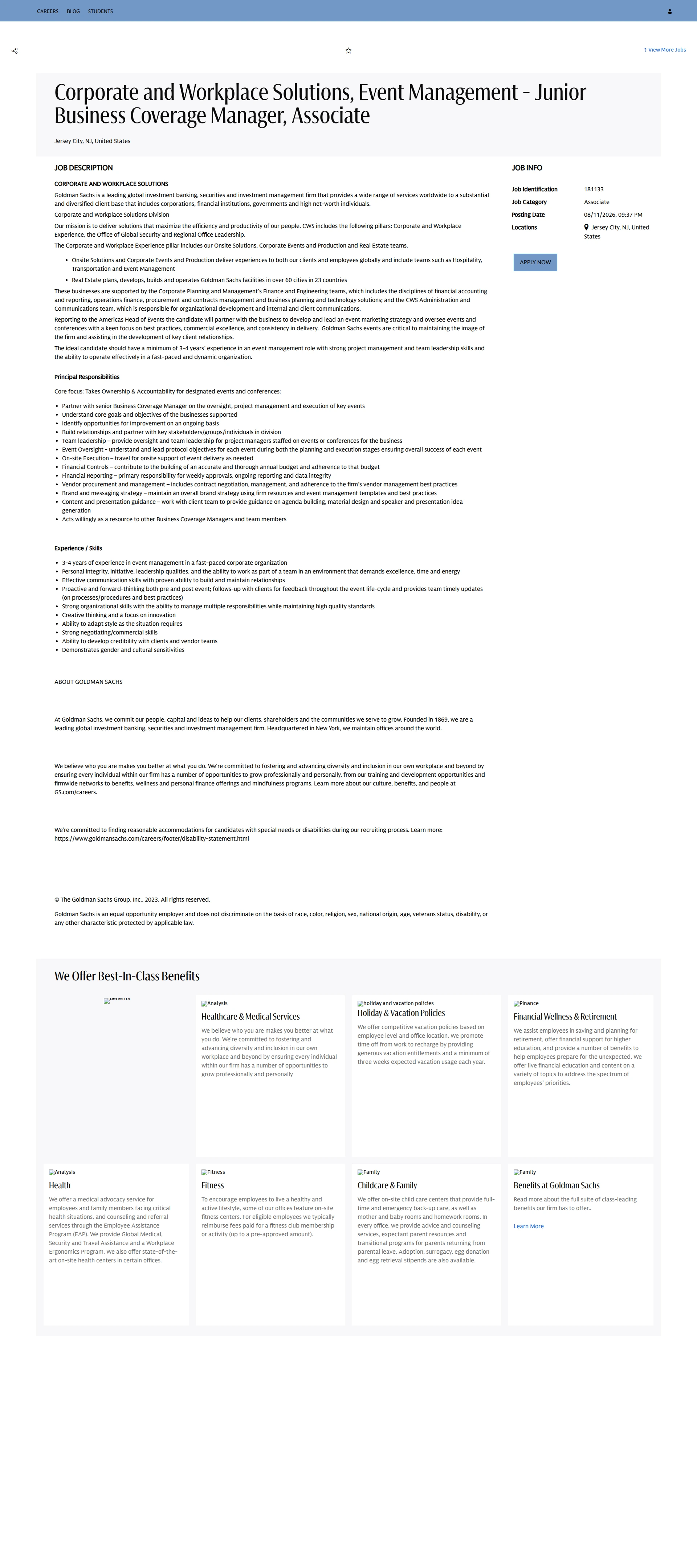 골드만삭스 Corporate and Workplace Solutions, Event Management - Junior Business Coverage Manager, Associate 채용공고