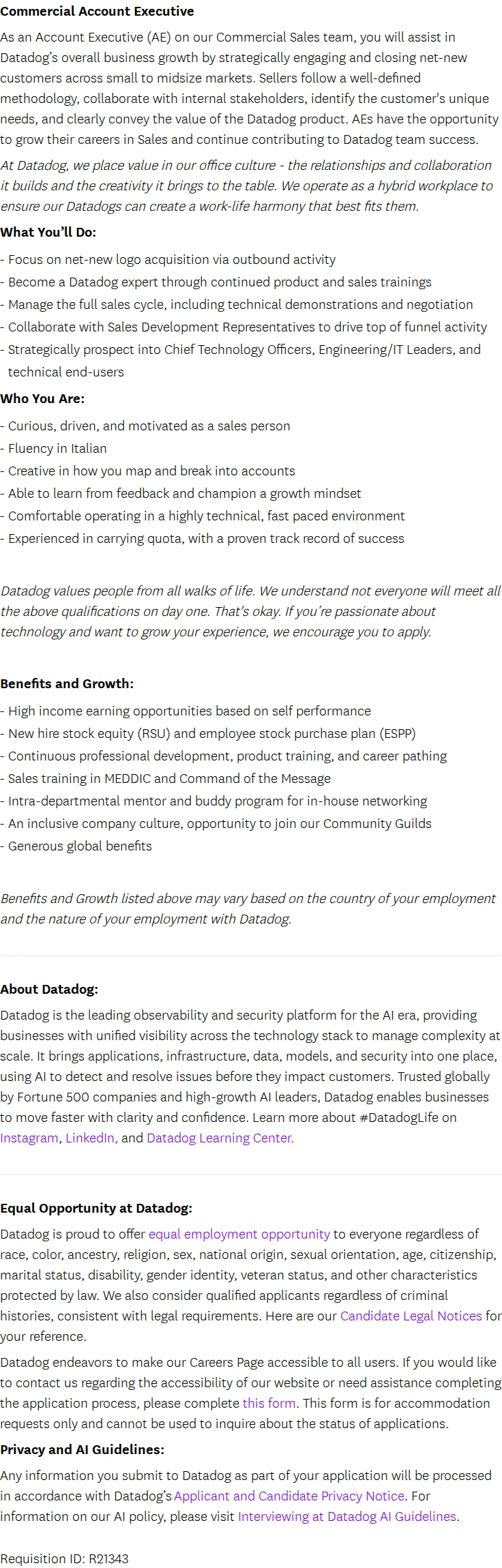 데이터독 Commercial Account Executive (Italy) 채용공고