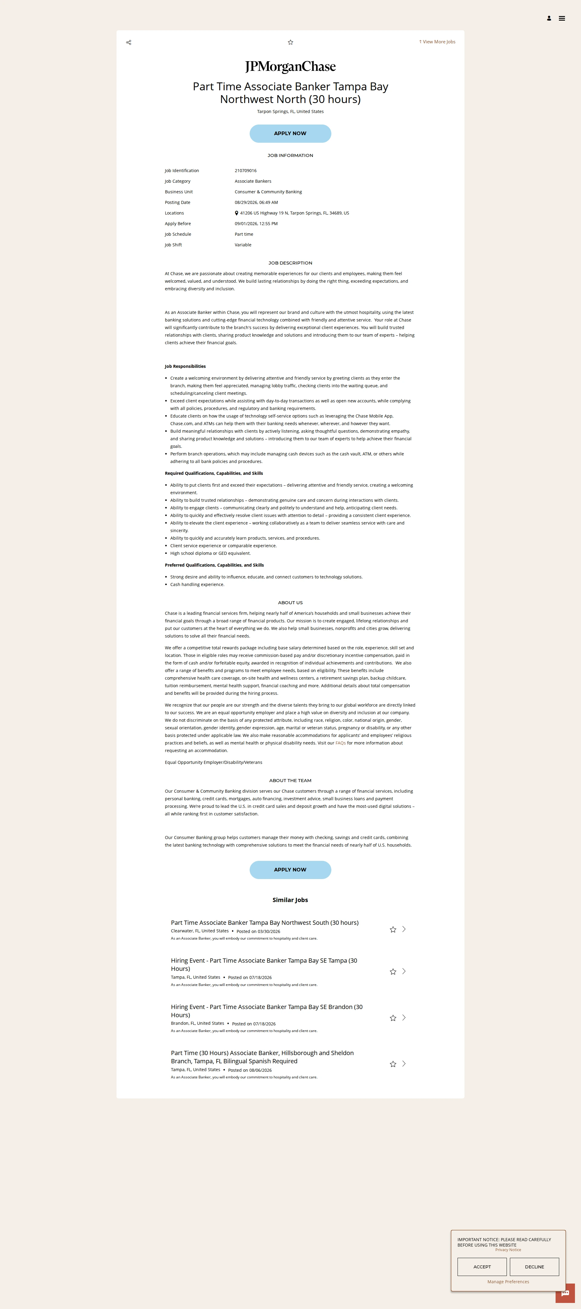 JPMorganChase Part Time Associate Banker Tampa Bay Northwest North (30 hours) 채용공고