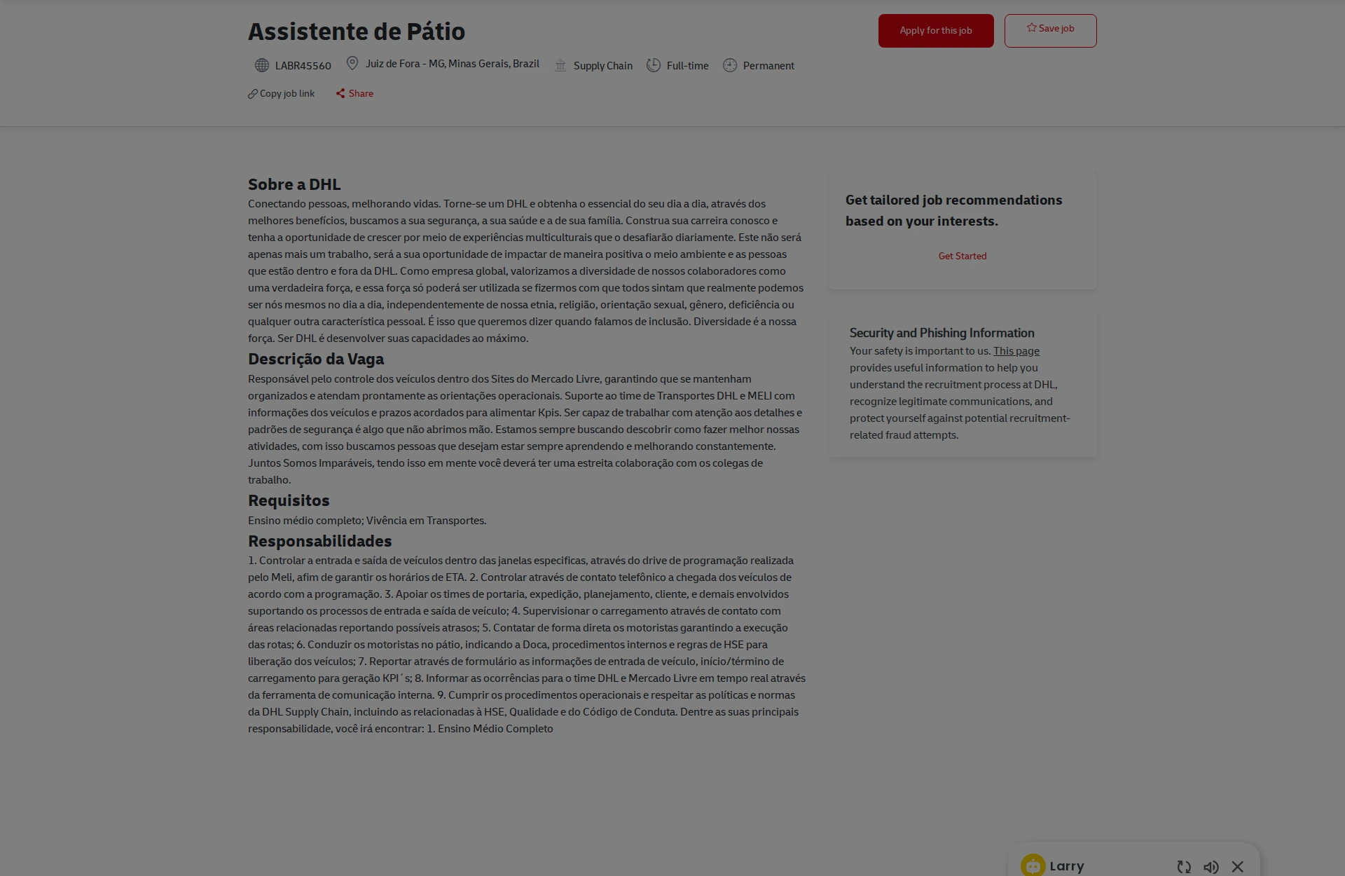 DHL Assistente de Pátio 채용공고