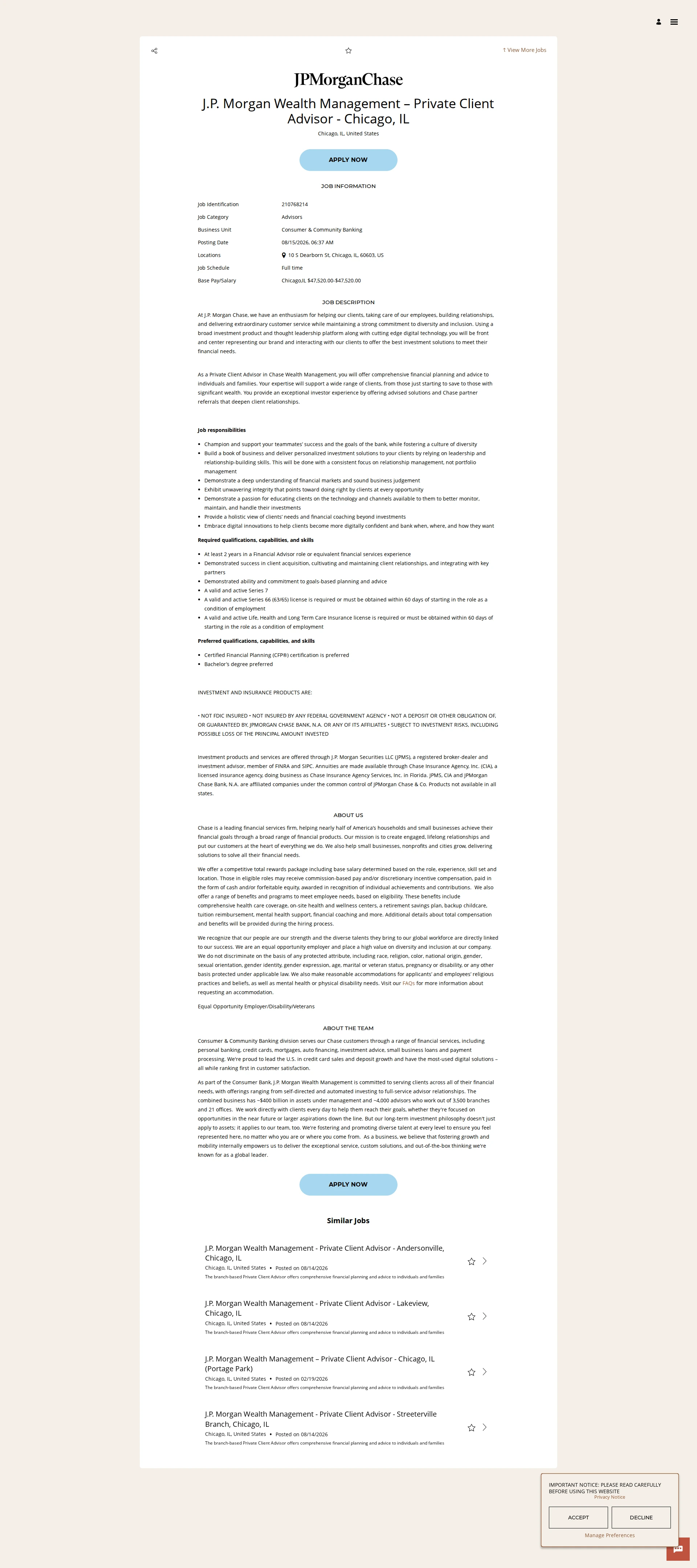 JPMorganChase J.P. Morgan Wealth Management – Private Client Advisor - Chicago, IL 채용공고