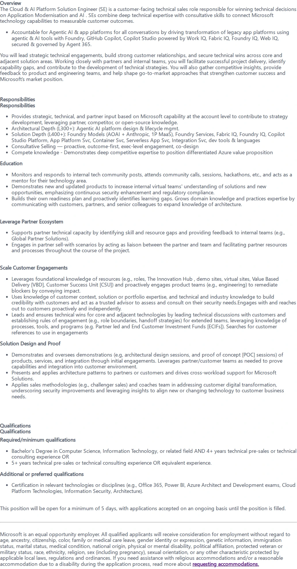 마이크로소프트(Microsoft) Cloud Solutions Engineer - AI & Apps 채용공고
