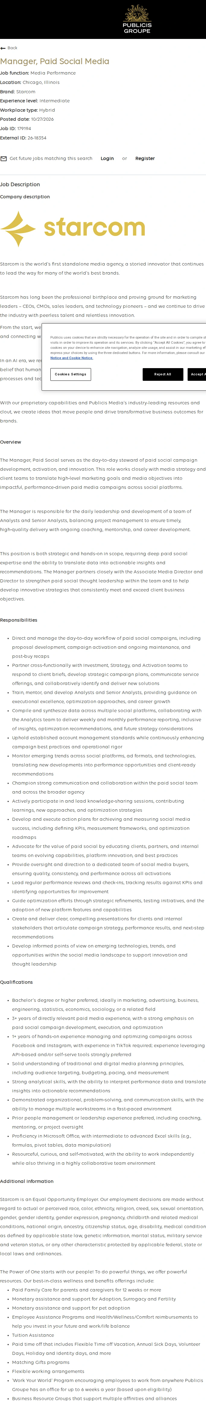 Publicis Groupe Manager, Paid Social Media 채용공고