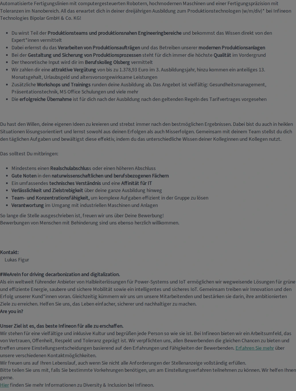 인피니언 Ausbildung Produktionstechnologen 2026 (m/w/div) 채용공고
