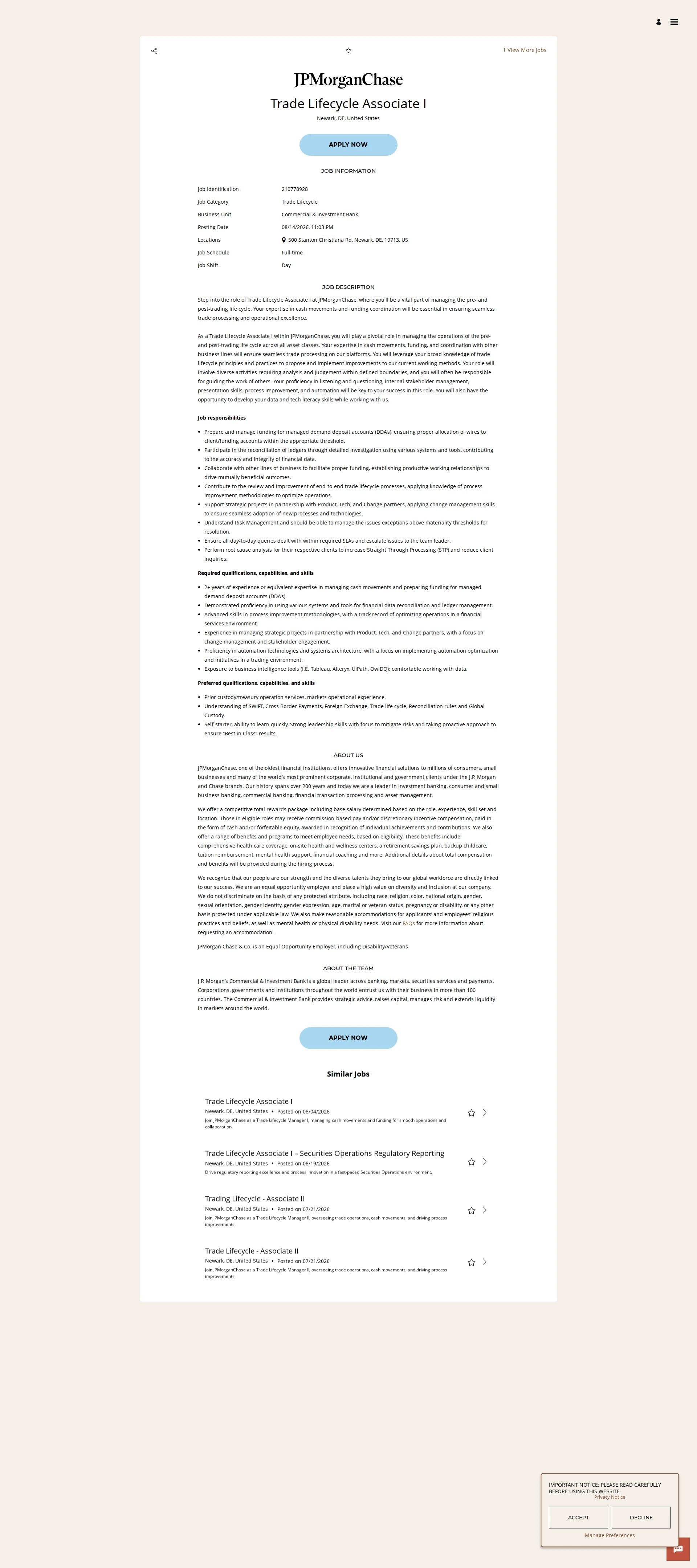 JPMorganChase Trade Lifecycle Associate I 채용공고