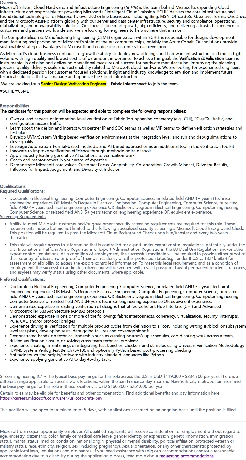 마이크로소프트(Microsoft) Senior Design Verification Engineer - Fabric Interconnect 채용공고