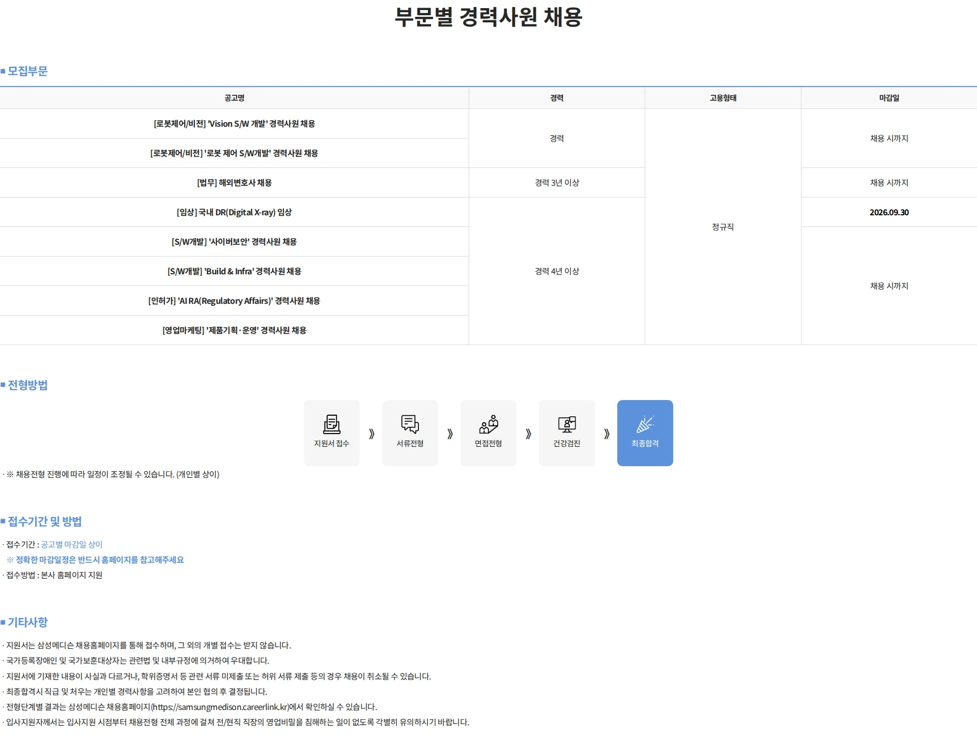 삼성메디슨 부문별 경력사원 채용 채용공고