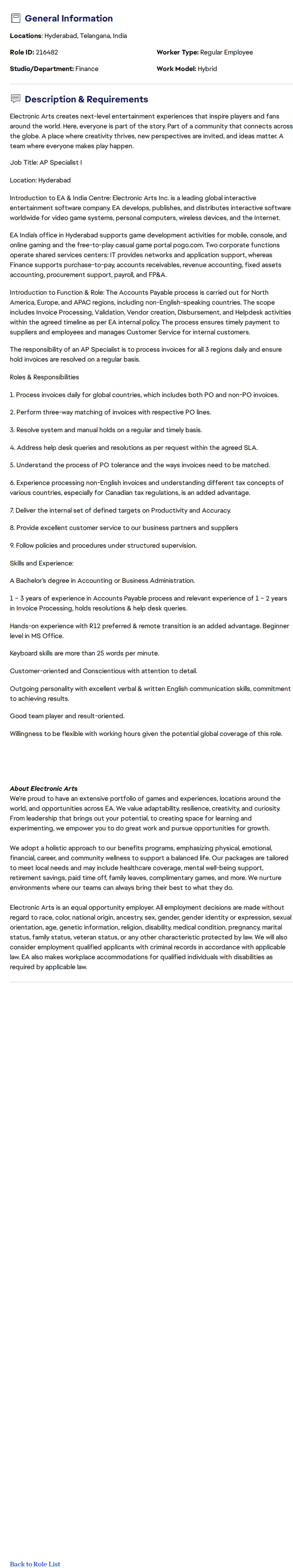ElectronicArts Specialist I, Accounts Payable 채용공고