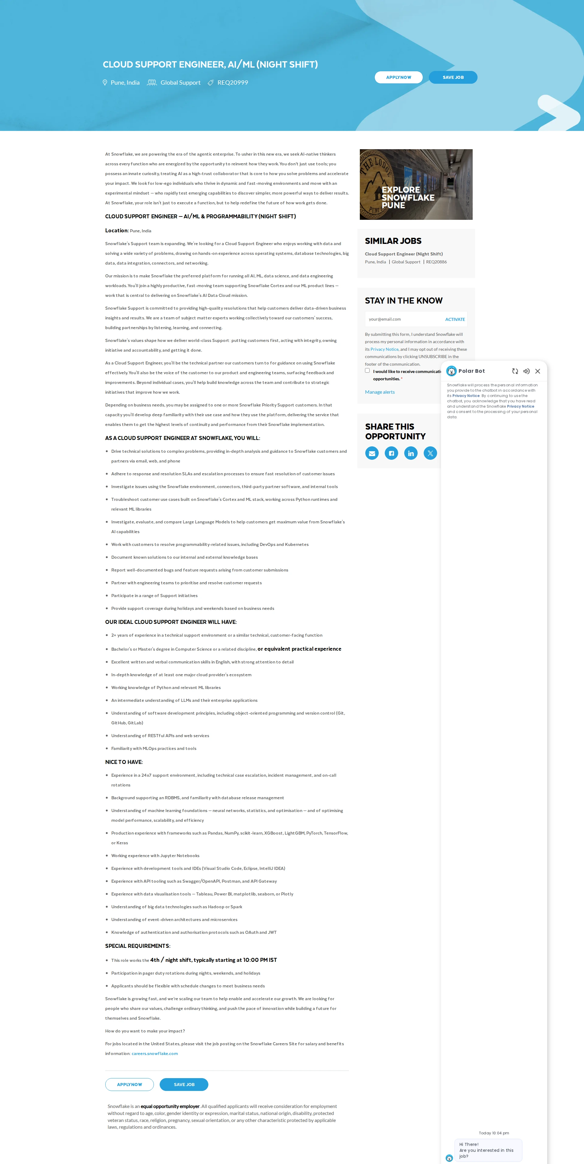 스노우플레이크 Cloud Support Engineer, AI/ML (Night Shift) 채용공고