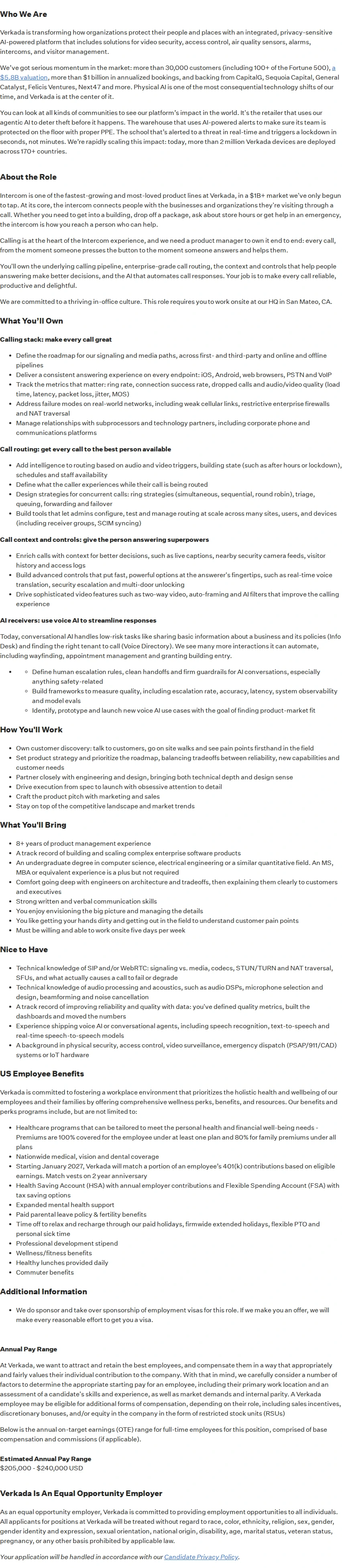 버카다 Lead Product Manager, Intercom Calling 채용공고