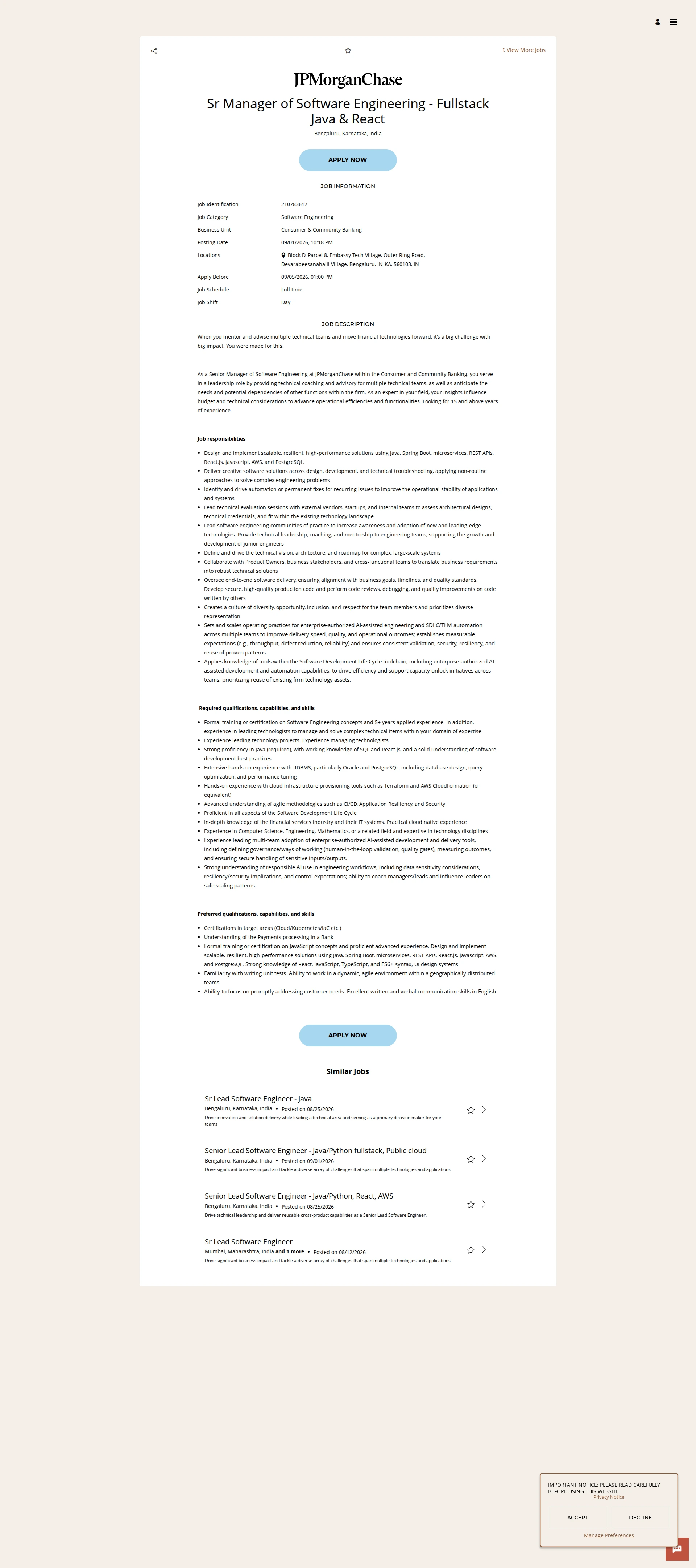 JPMorganChase Sr Manager of Software Engineering - Fullstack Java & React 채용공고