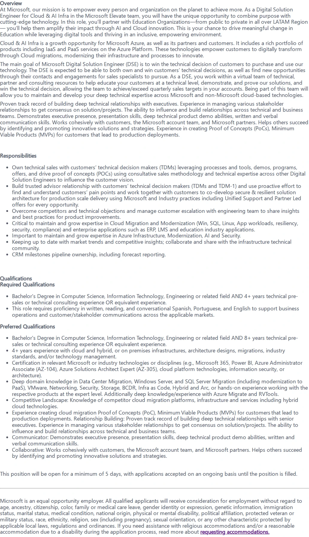 마이크로소프트(Microsoft) Digital Solution Engineer, Cloud & AI Infra 채용공고