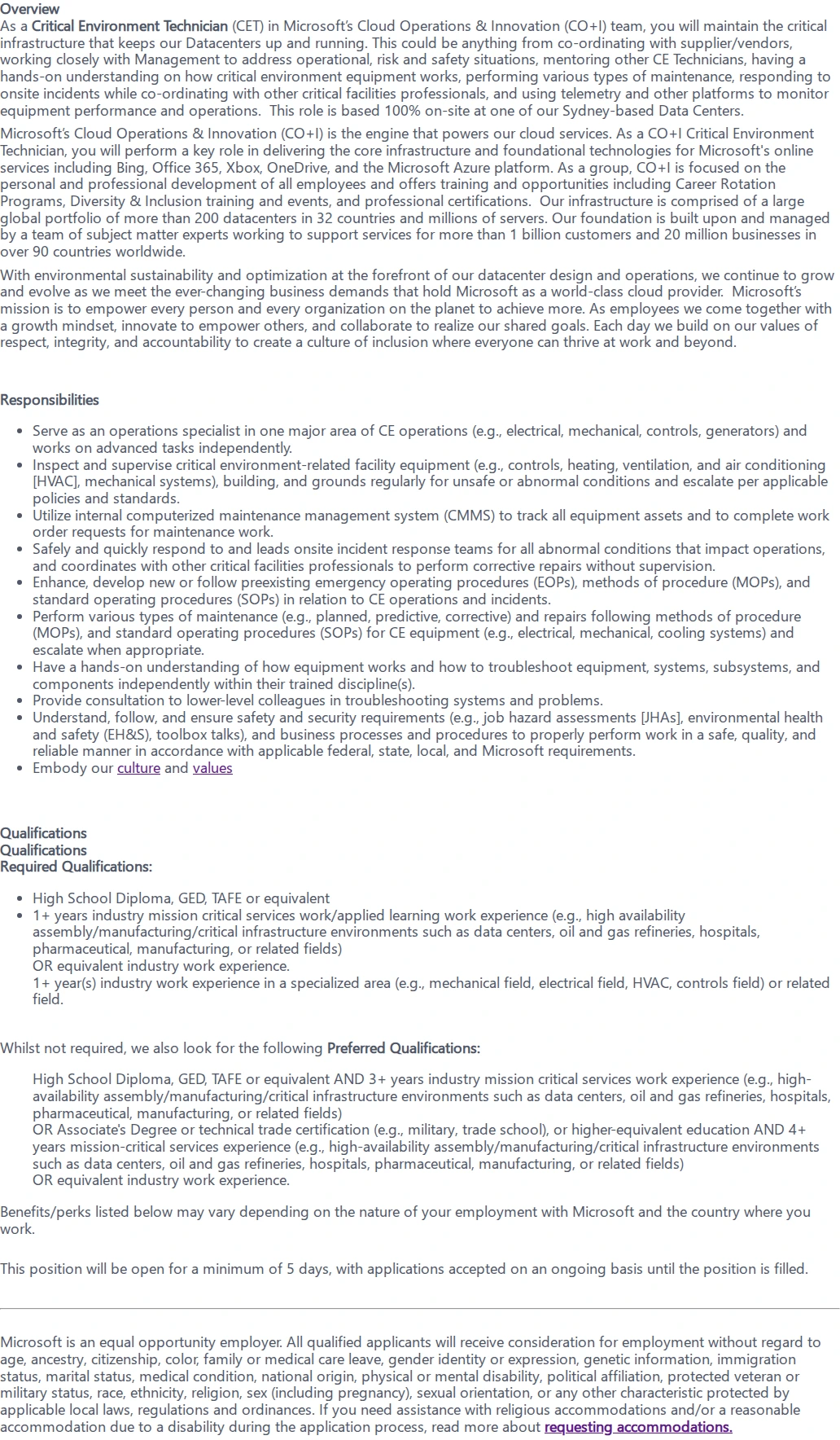 마이크로소프트(Microsoft) Critical Environment Technician 채용공고