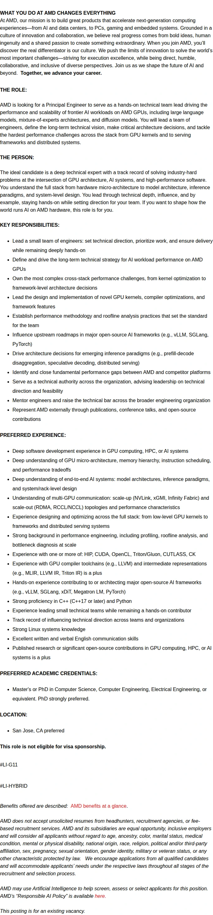 AMD Frontier AI Workloads - Performance and Scalability Engineer 채용공고