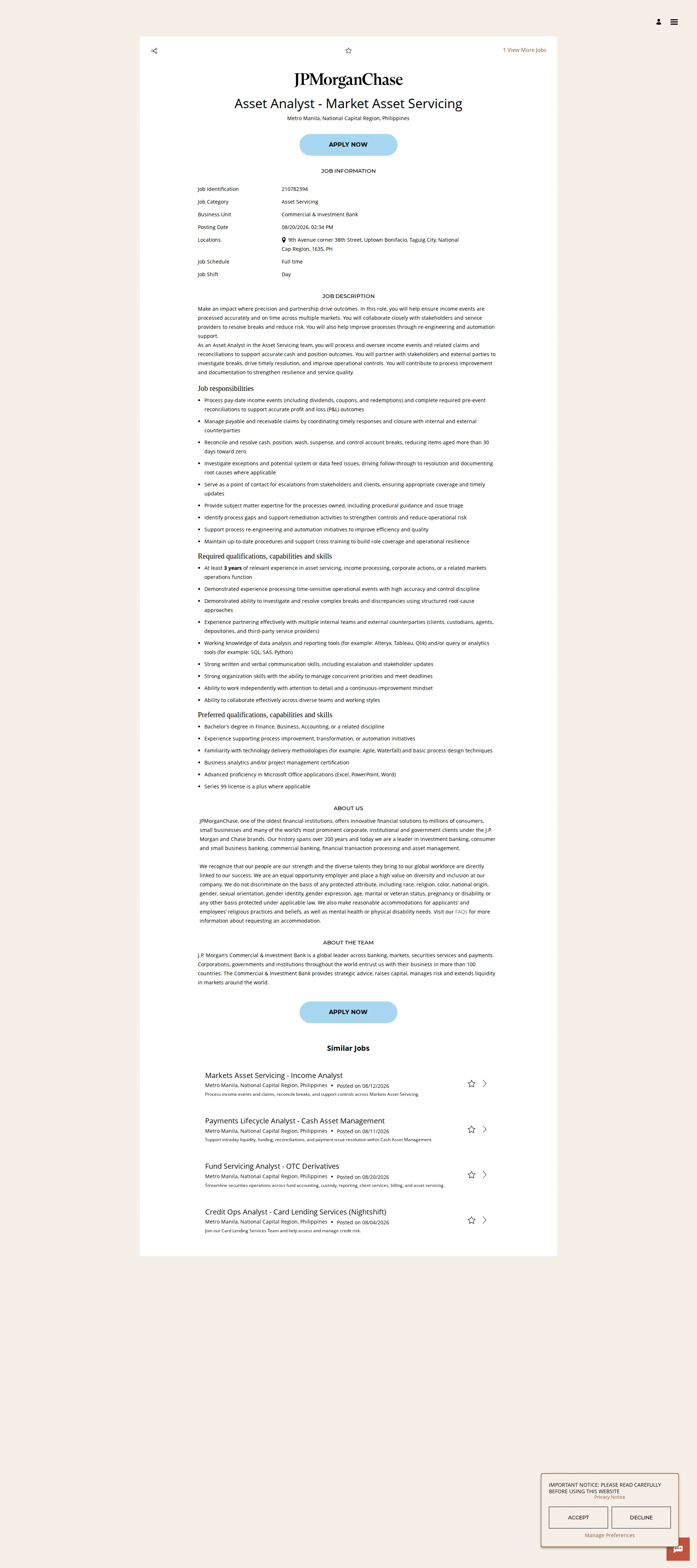 JPMorganChase Asset Analyst - Market Asset Servicing 채용공고