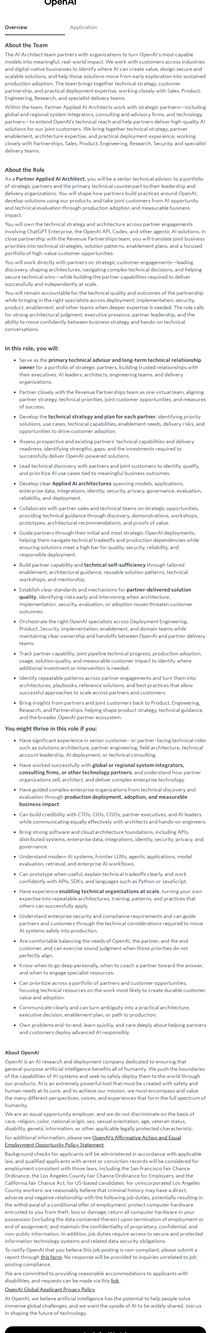 오픈에이아이(OpenAI) Applied AI Architect, Partner 채용공고