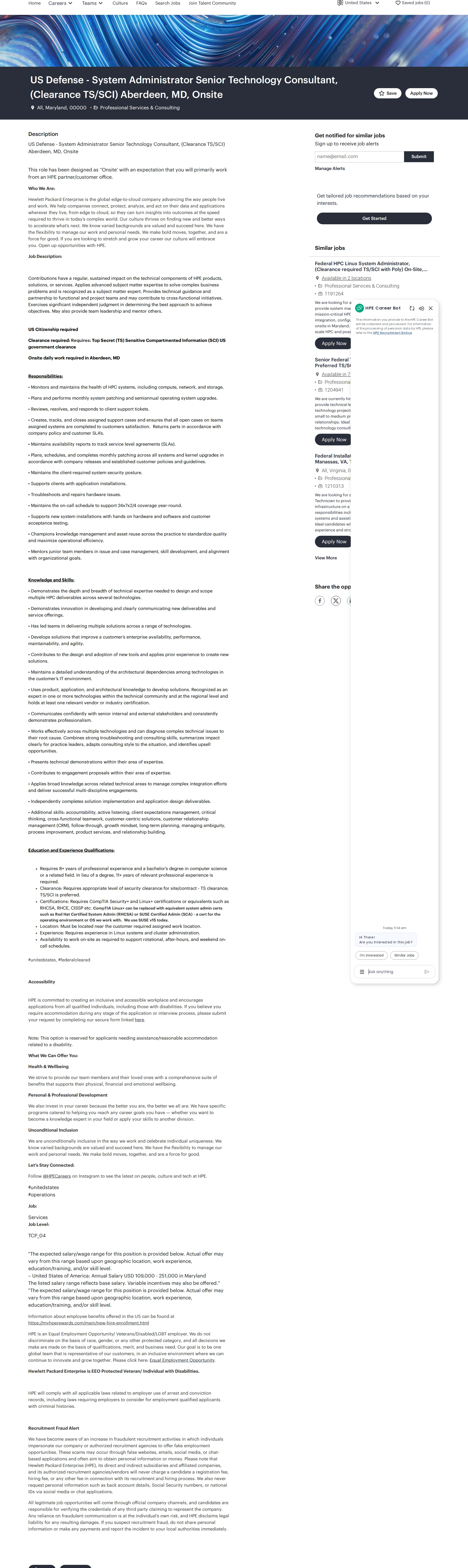 HP US Defense -  System Administrator Senior Technology Consultant, (Clearance  TS/SCI) Aberdeen, MD, Onsite 채용공고