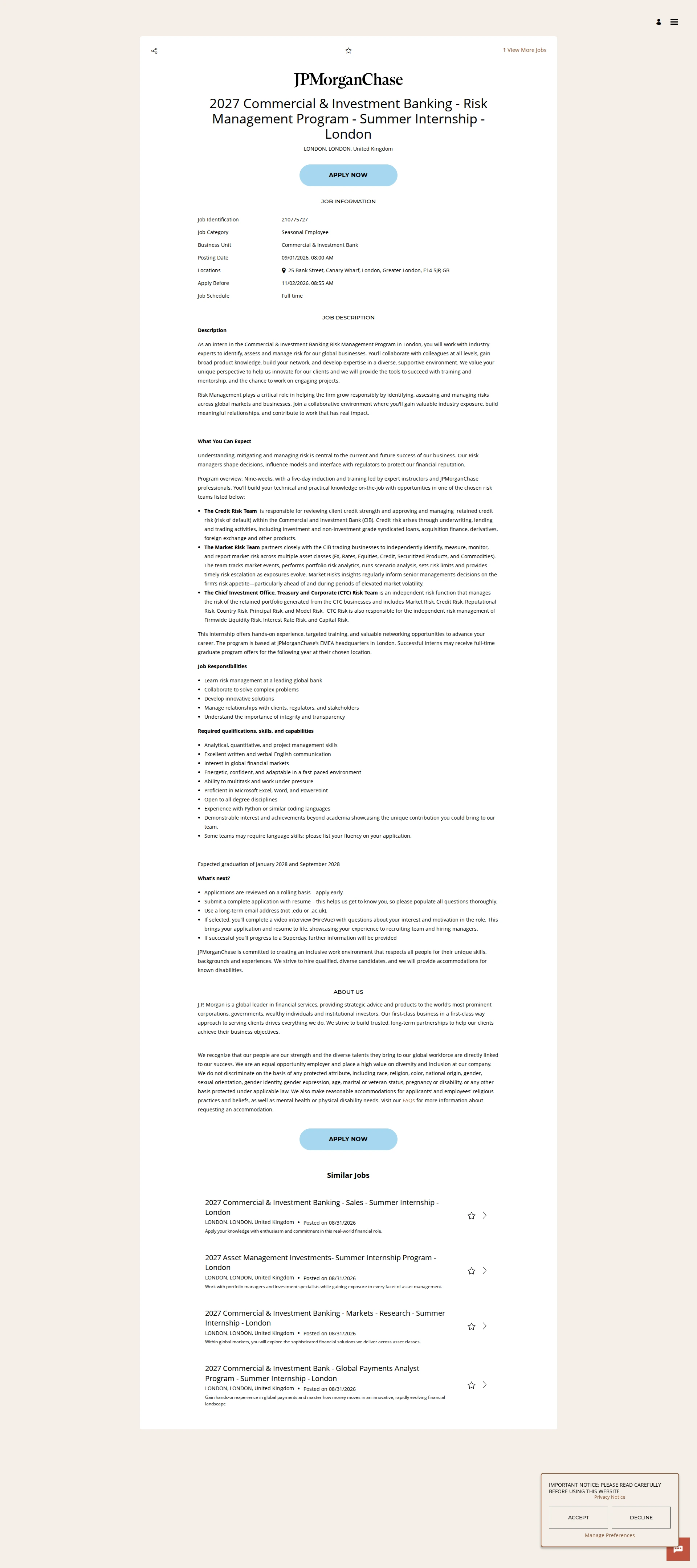 JPMorganChase 2027 Commercial & Investment Banking - Risk Management Program - Summer Internship - London 채용공고